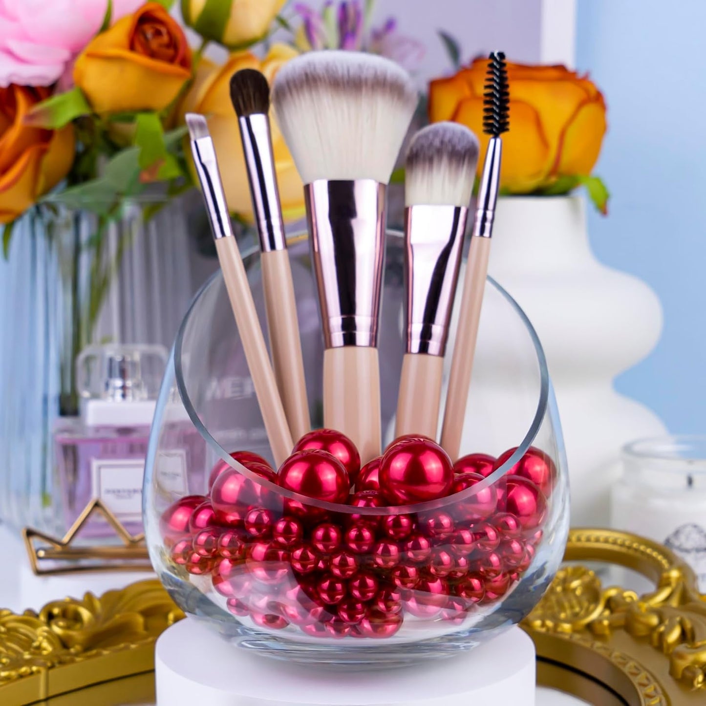 150Pcs Red Polished No Hole Faux Pearl Beads for Vase Filling Decorations, Plastic Pearls Vase Fillers, Table Scatters, Wedding Centerpiece, Home Decor, 8/14/20 mm