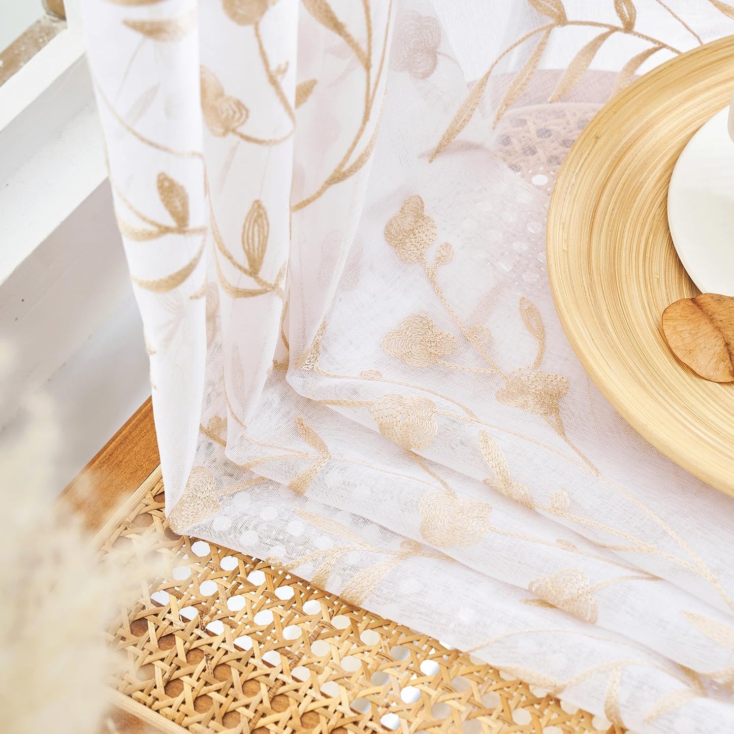 Sheer Curtains 45 Inches White-Beige Floral Embroidery Rod Pocket Voile Drapes for Living room, Bedroom, Window Treatments Lace Outdoor Curtain Panels for Yard, Kitchen, Villa, Set of 2, 52"x 45".