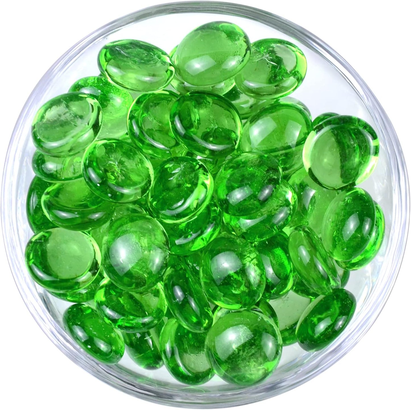 KINGOU Flat Glass Gems/Marbles/Stones/Beads for Vase Filler, Table Scatter, Games - 1 Lbs (17-19mm, Approx. 3/4")-Green Luster