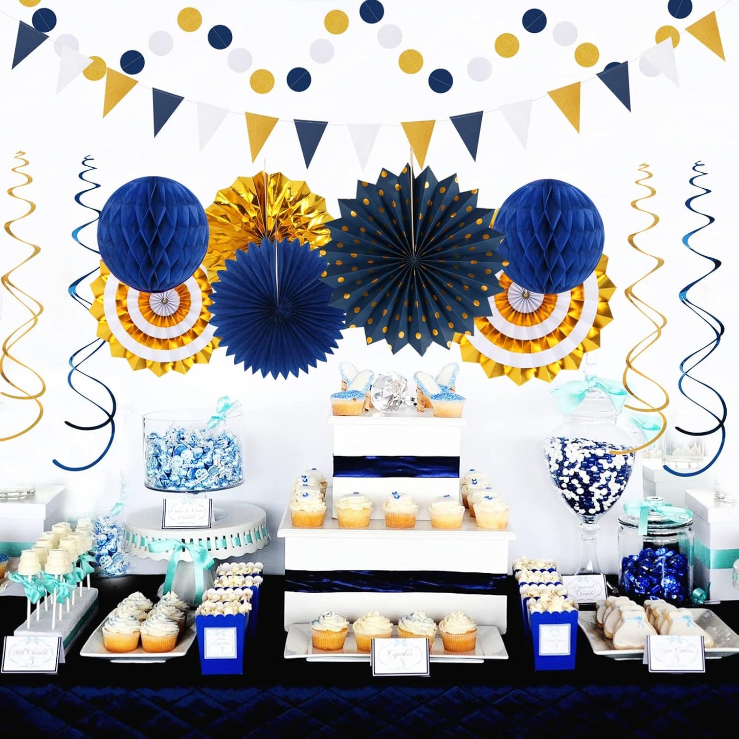 Navy-Blue White-Gold Graduation Party-Decorations - 33pcs Kits Banner, Streamers Tassel Garland,Tissue Pom Poms Honeycomb, Paper Lantern Fans,Wedding Birthday Baby Shower Backdrop Ceiling Decor Hugtmr