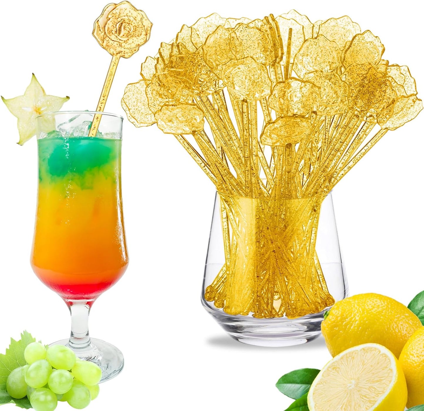 100 Pcs Gold Glitter Drink Stirrers Cocktails Plastic Swizzle Sticks 7.5 Inch Cupcake Pop Sticks Toppers Rose Top Wedding Drink Stirrers for Mixed Drinks Coffee Birthday Wedding Party