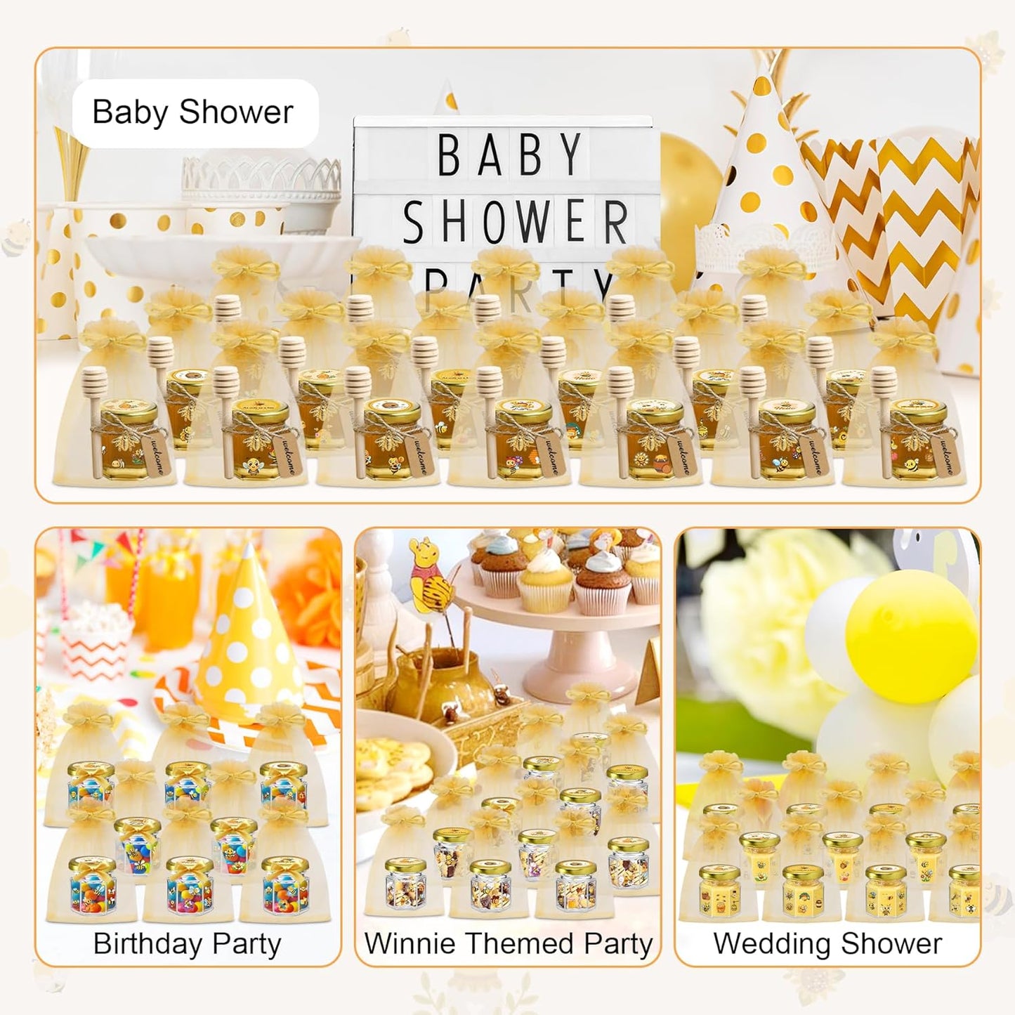 144Pcs 1.5 oz Mini Hexagon Glass Honey Jars with Dippers, Gold Lids, Bee Stickers, Bee Charms, Gift Bags & Jute–Empty Small Honey Jars for Party Favors Bulk, Ideal for Baby Showers ＆ Weddings