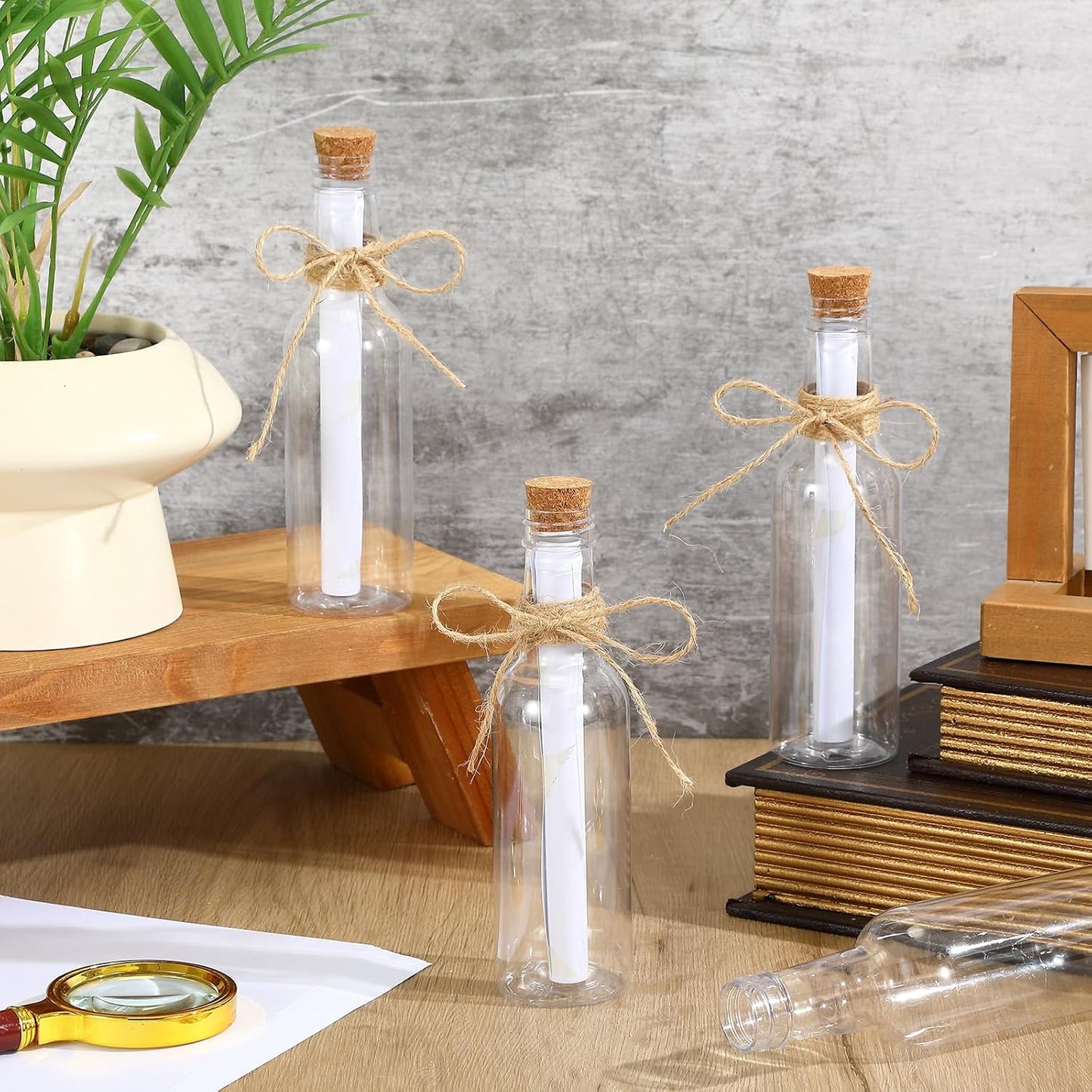 Baderke 24 Pcs 5.6 oz Message Bottles with Letter Printer Paper Plastic Bottles & Corks Twines for Message Invitations Birthday Wedding Baby Shower DIY Crafts Gift Party Favors (White)