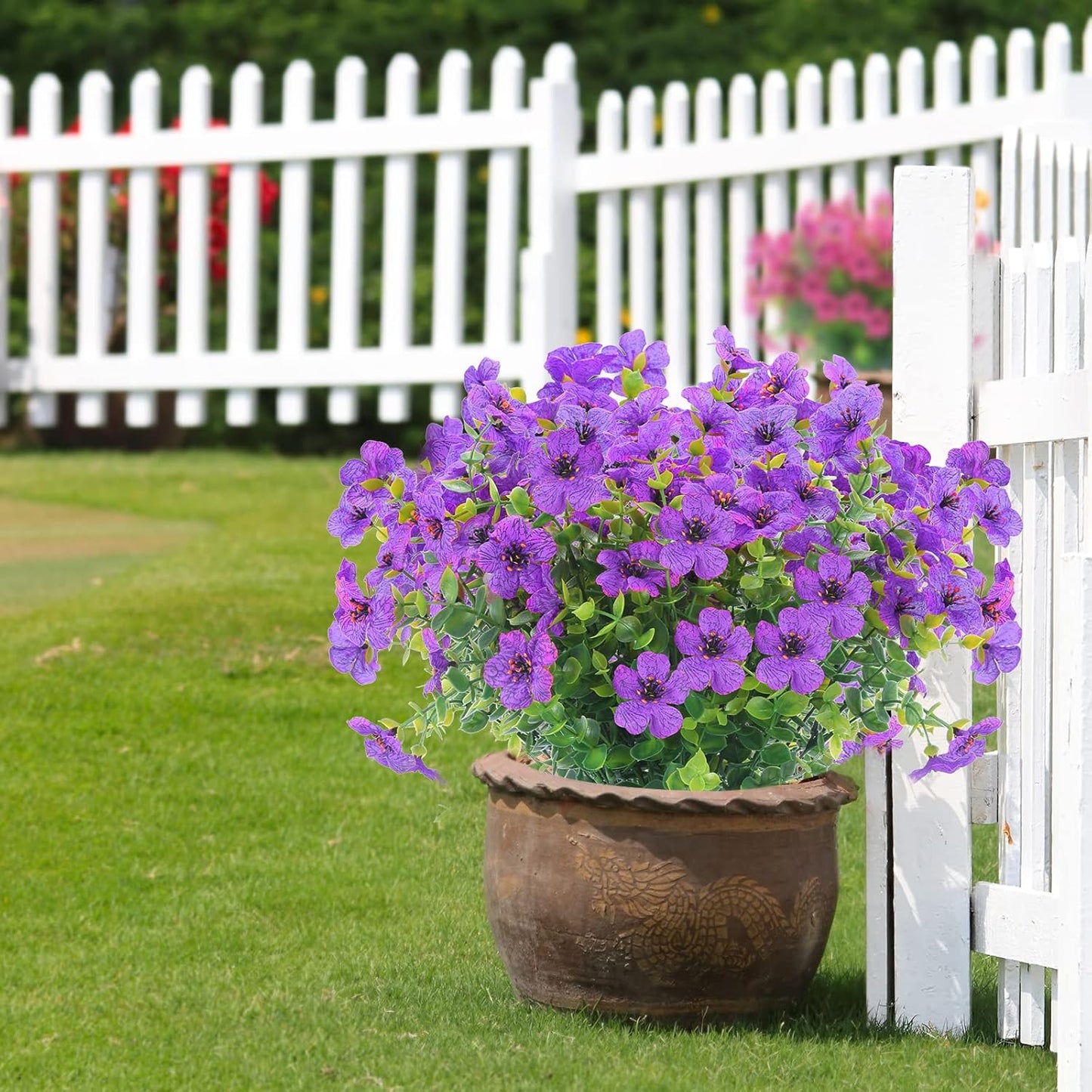 12 Bundles Artificial Flowers Outdoor UV Resistant Fake Plastic Plants Indoor Outside Hanging Plants Garden Porch Window Box Home Wedding Farmhouse Festive Shrub Decor (Purple)