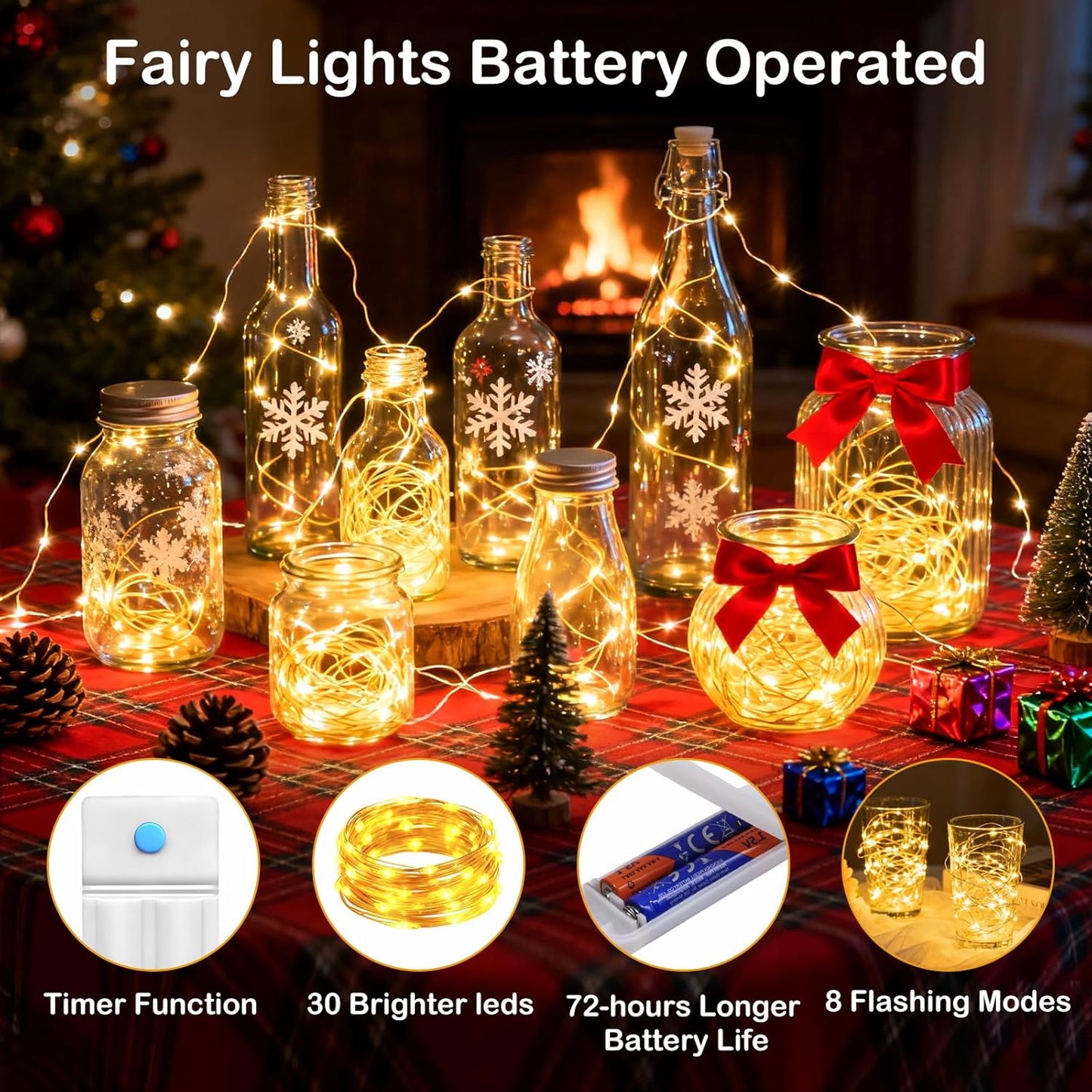ZNYCYE 50 LED Fairy Lights with Timer,8.2Ft 8 Modes Battery Operated Fairy Lights, 6 Pack Mini Led String Lights for DIY Wedding Bedroom Mason Jar Vases Table Party Christmas Decoration (Warm White)
