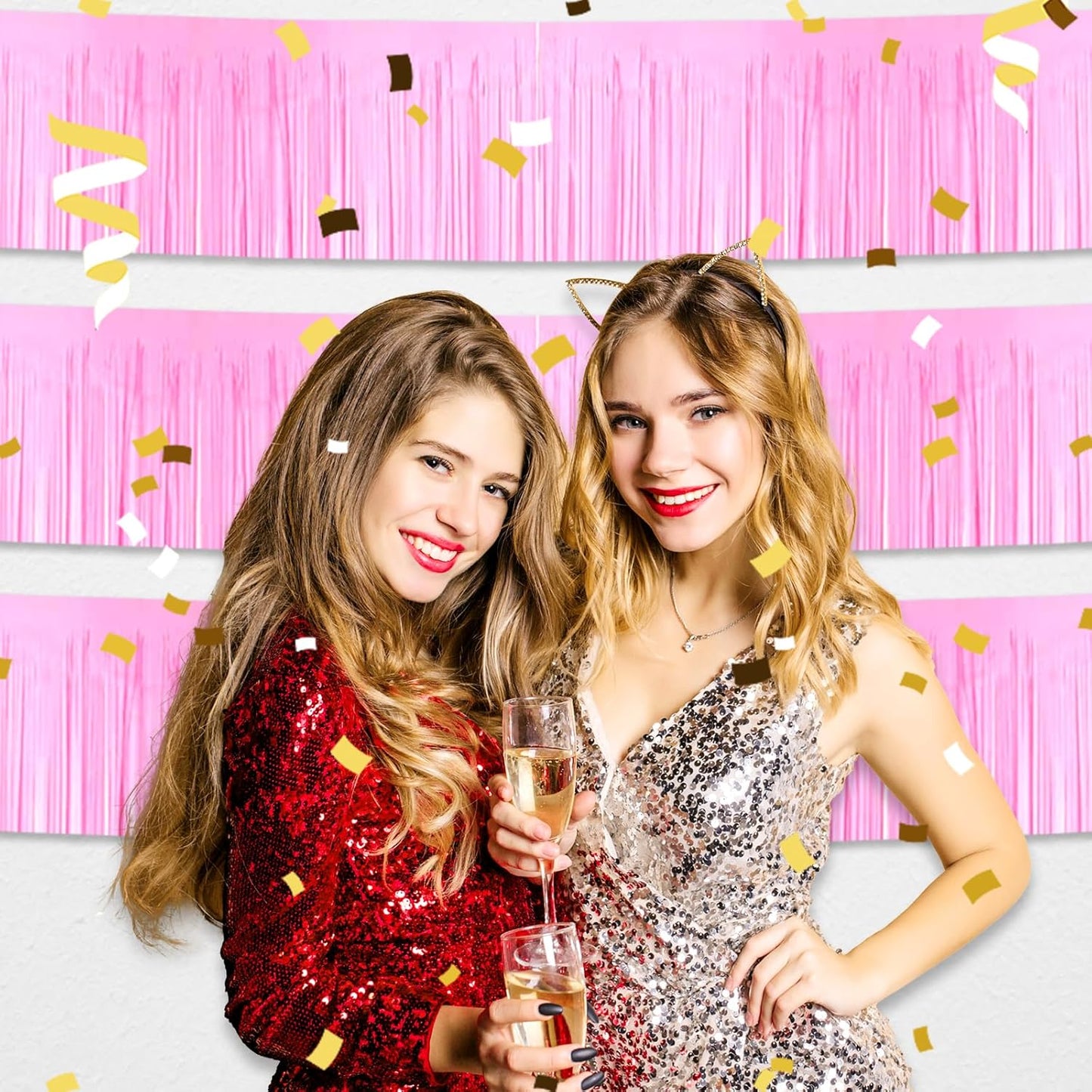 6 Pack 10 Feet Macaron Pink Foil Fringe Garland Metallic Tinsel Streamers Banner Wall Hanging Curtain Backdrop for Parade Floats, Birthday, Graduate, Mother's Day, Wedding Party Decoration