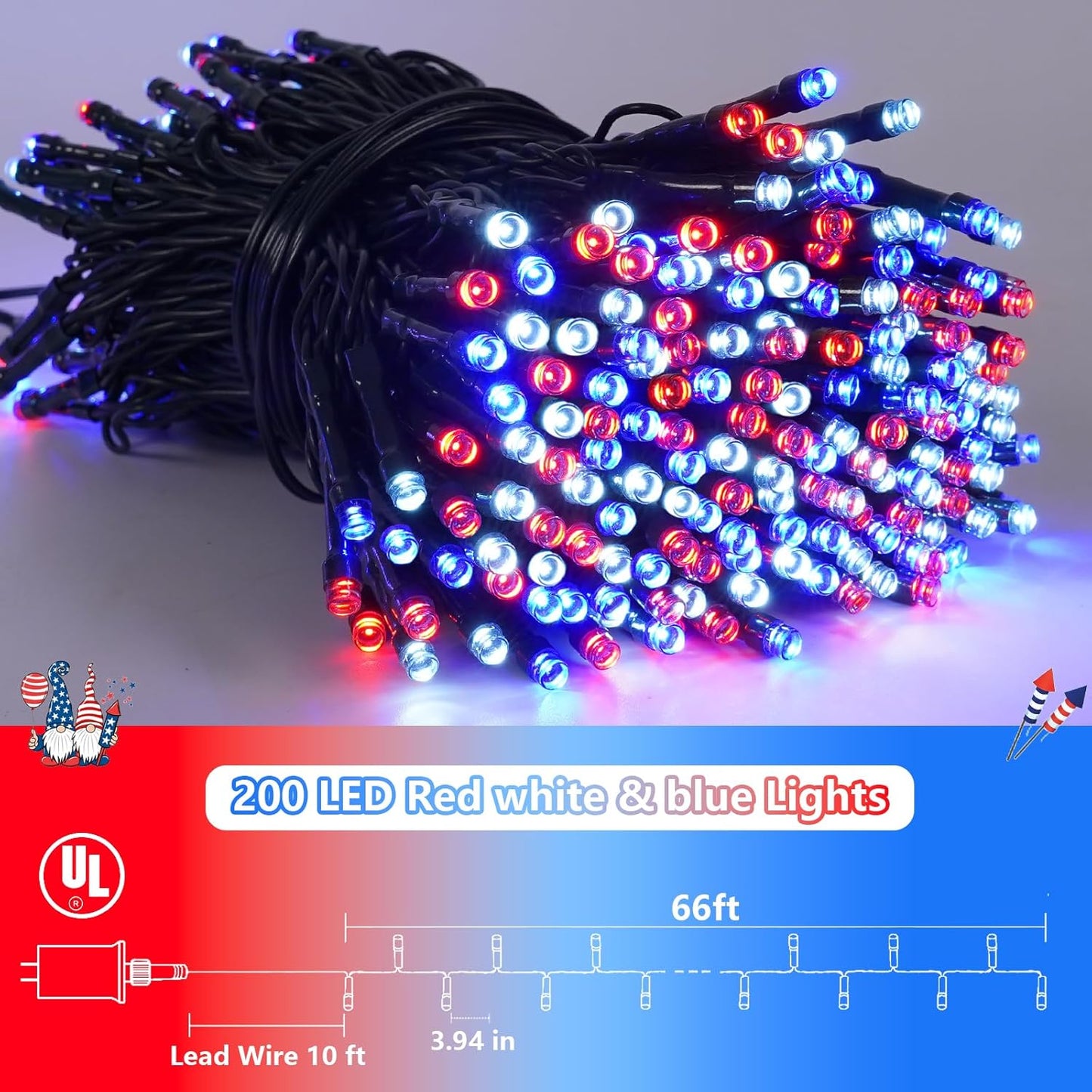 YEGUO 4th of July Decorations Red White and Blue Lights, 66ft 200 LED String Light Plug in with 8 Modes Memory for Patriotic Independence Memorial Day Decor