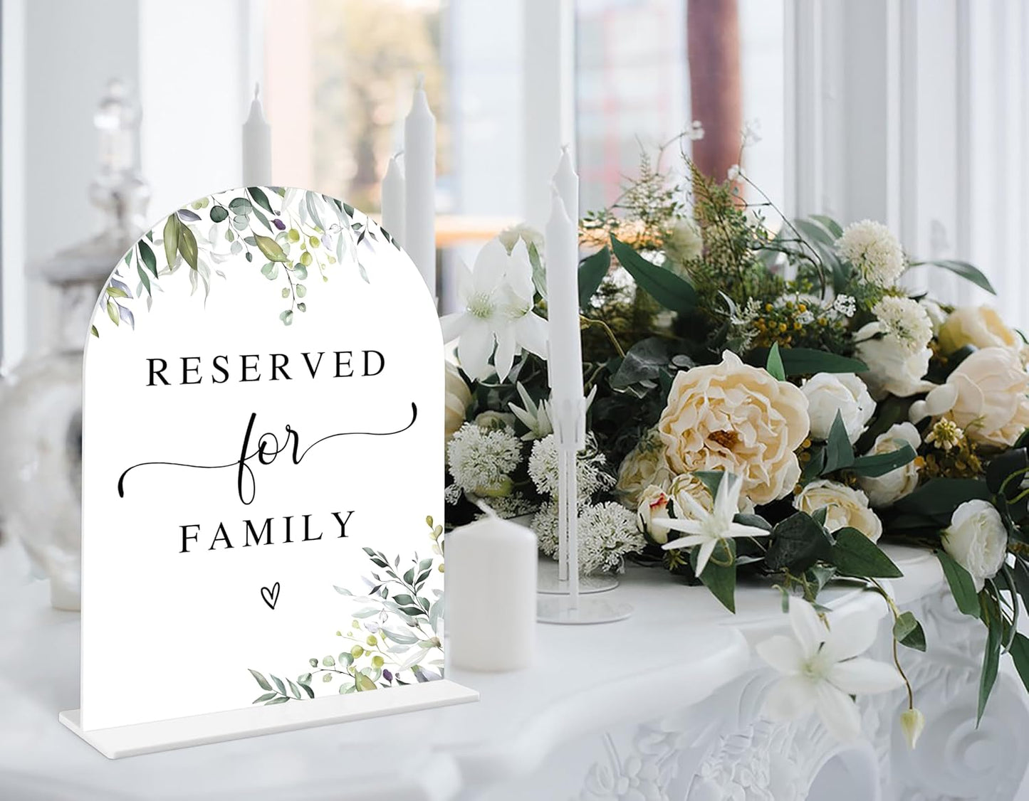 Greenery Reserved for Family Sign, 6 x 8 Inch White Arch Acrylic Wedding Sign with Holder, Wedding Sign for Ceremony and Reception, Wedding Decoration, Wedding Supplies - LY19