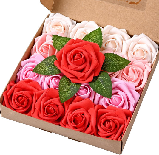 BLEUM CADE 16Pcs Artificial Flowers Fake Roses with Stems, Gradient Red & Pink Boxed Foam Roses for DIY Bouquets Centerpieces Wedding Party Arrangement Bridal Shower Decor