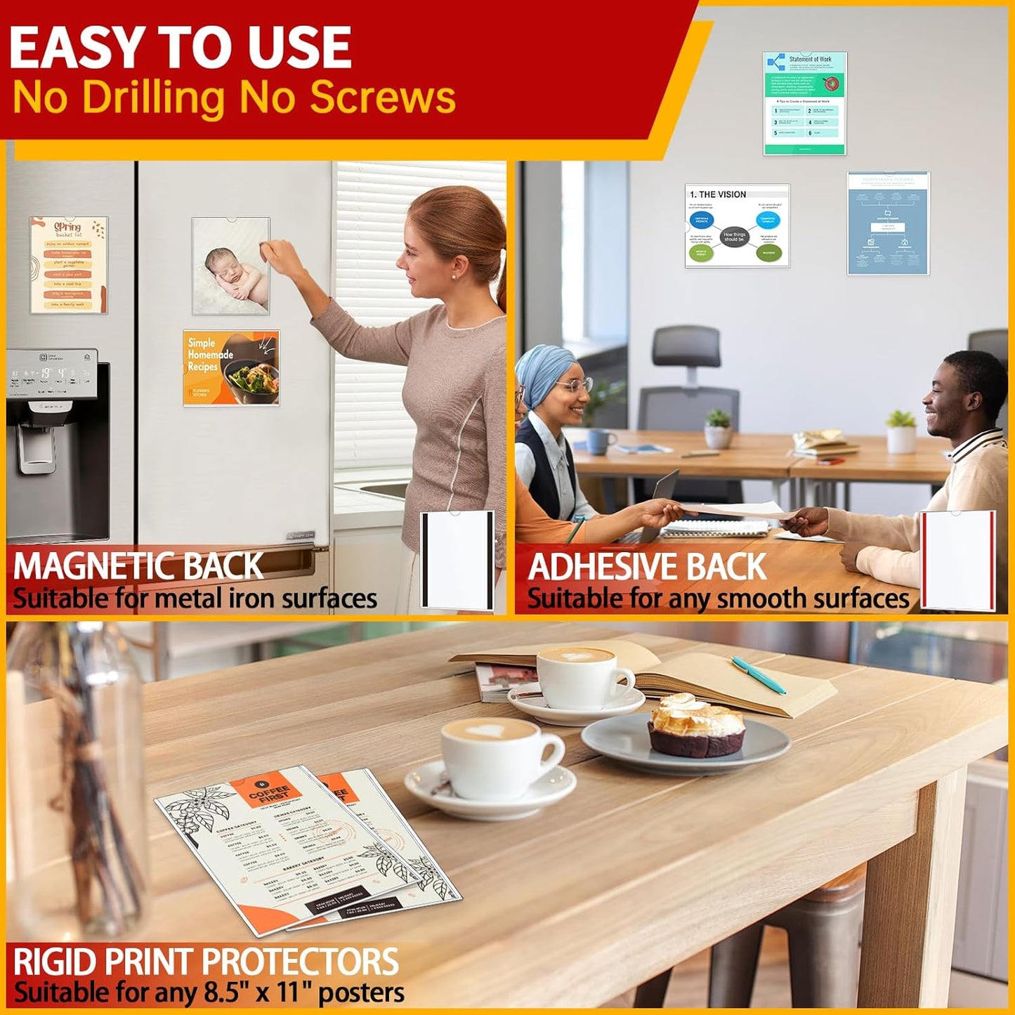 Rigid Magnetic Sign Holder 8.5 x 11 - Clear Plastic Magnetic Frames for Refrigerator Top Loaders Wall Sign Holder, Self Adhesive Frames for Walls Door Window Magnetic Picture Frame 10 Pack