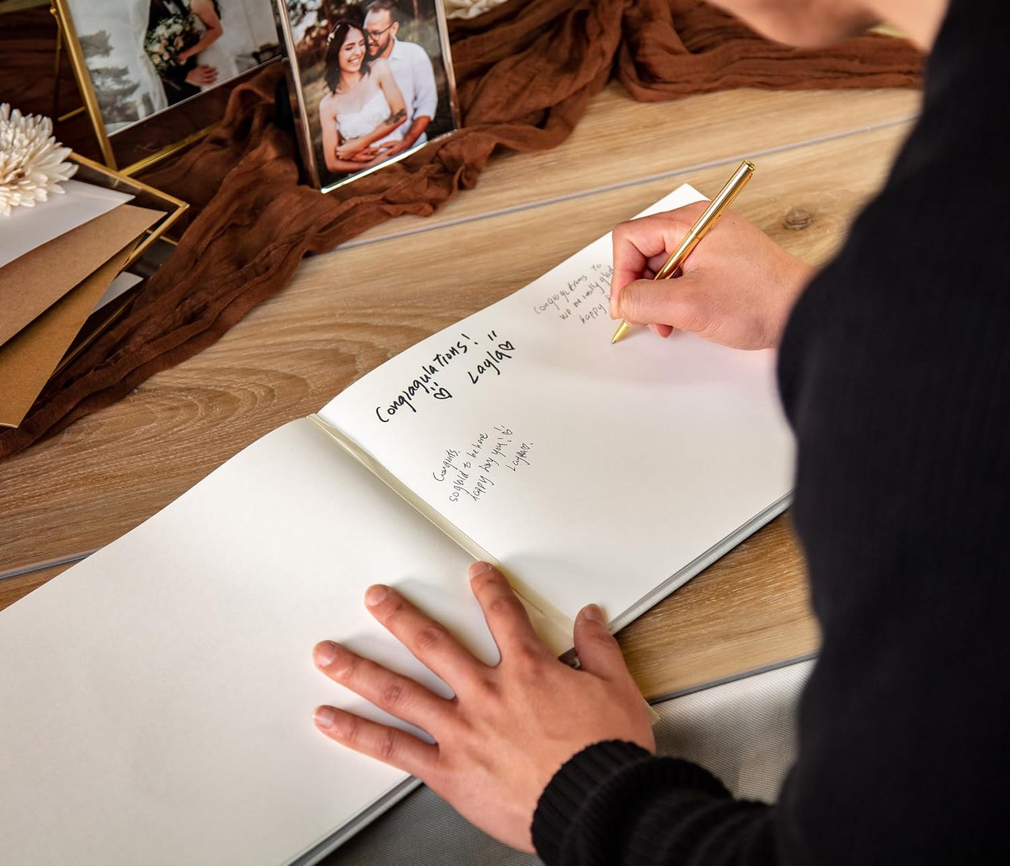 MUUJEE Personalized Guestbook in Gold - Premium Custom Modern Guest Book for Wedding Reception, Birthday Party or Events w/Bookmark Blank Pages for Signing 11.5 x 8.5 inches