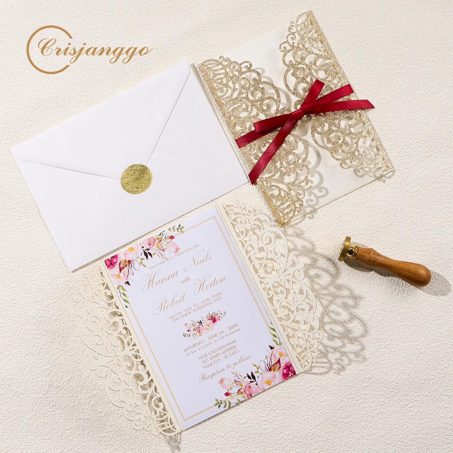 25pcs Personalized Wedding Invitations with Envelopes and RSVP Cards Blank Rose Gold 5×7 Glitter Laser Cut Invitation Pockets for Wedding Engagement Bridal Shower Birthday Quinceañera Anniversary