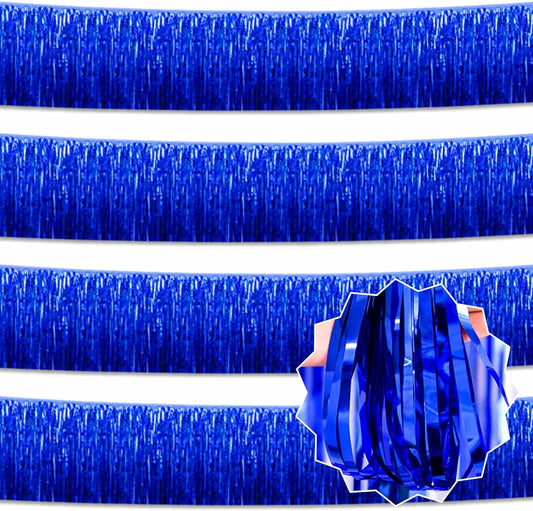 4 Pack 10 Ft Blue Foil Fringe Garland Metallic Streamers Tinsel Banner Wall Hanging Garland Backdrop for Parade Floats, Halloween, Christmas, Thanksgiving, New Year Party Decorations