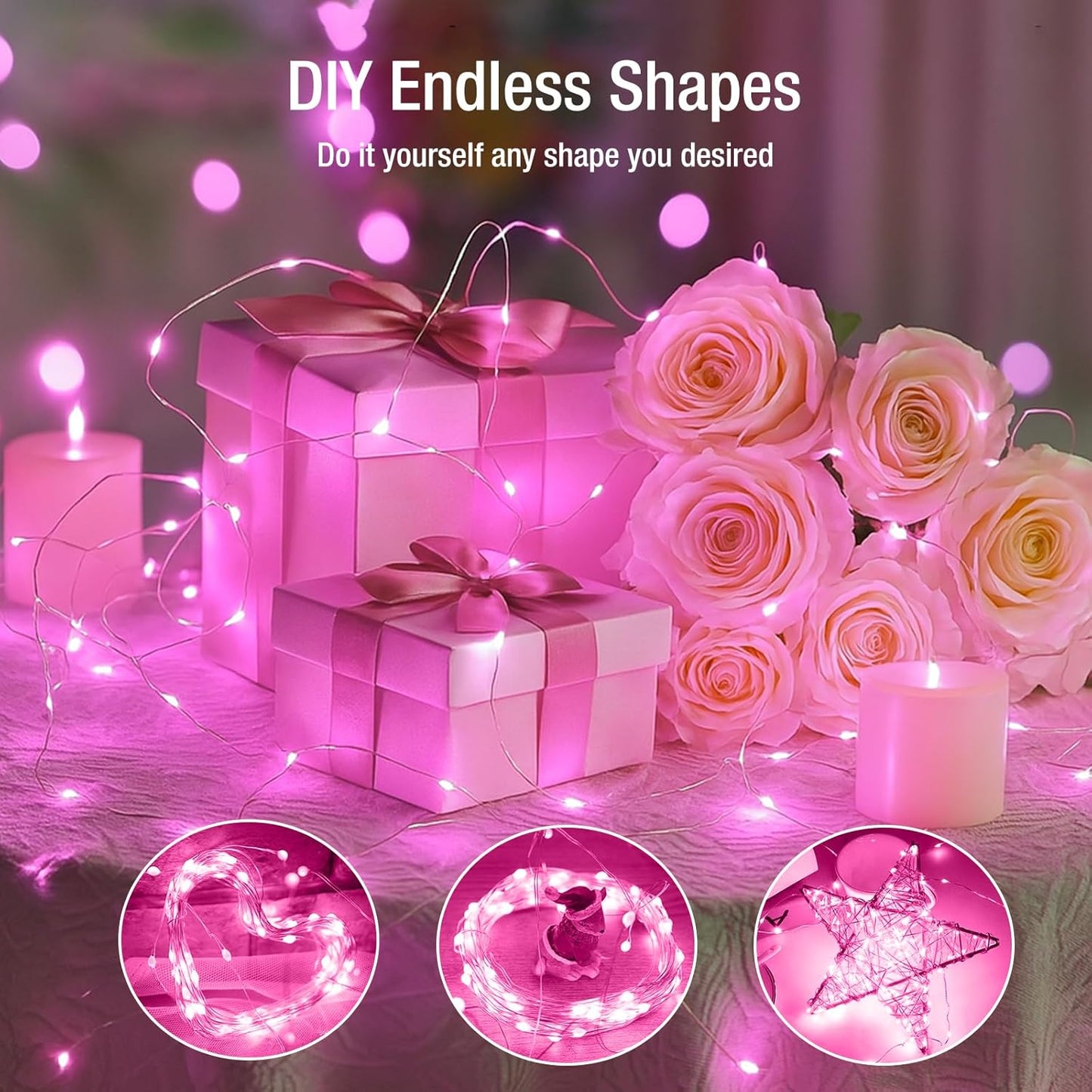 12 Pack Fairy Lights Battery Operated - 7ft 20 Led Twinkle Lights 3 Modes, Bulk Mini String Lights Waterproof for Mason Jars Vases DIY Party Wedding Decoration Christmas - Pink