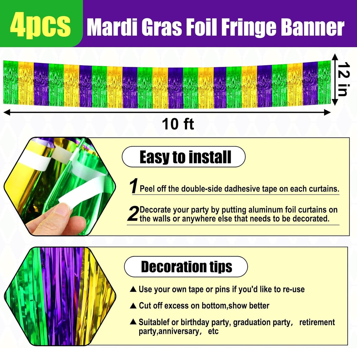 4 Pack 10 Feet Gold Green Purple Foil Fringe Garland Metallic Tinsel Streamers Banner Wall Hanging Curtain Backdrop for Parade Floats, Wedding, Graduate, Mother's Day, Birthday Party Decoration
