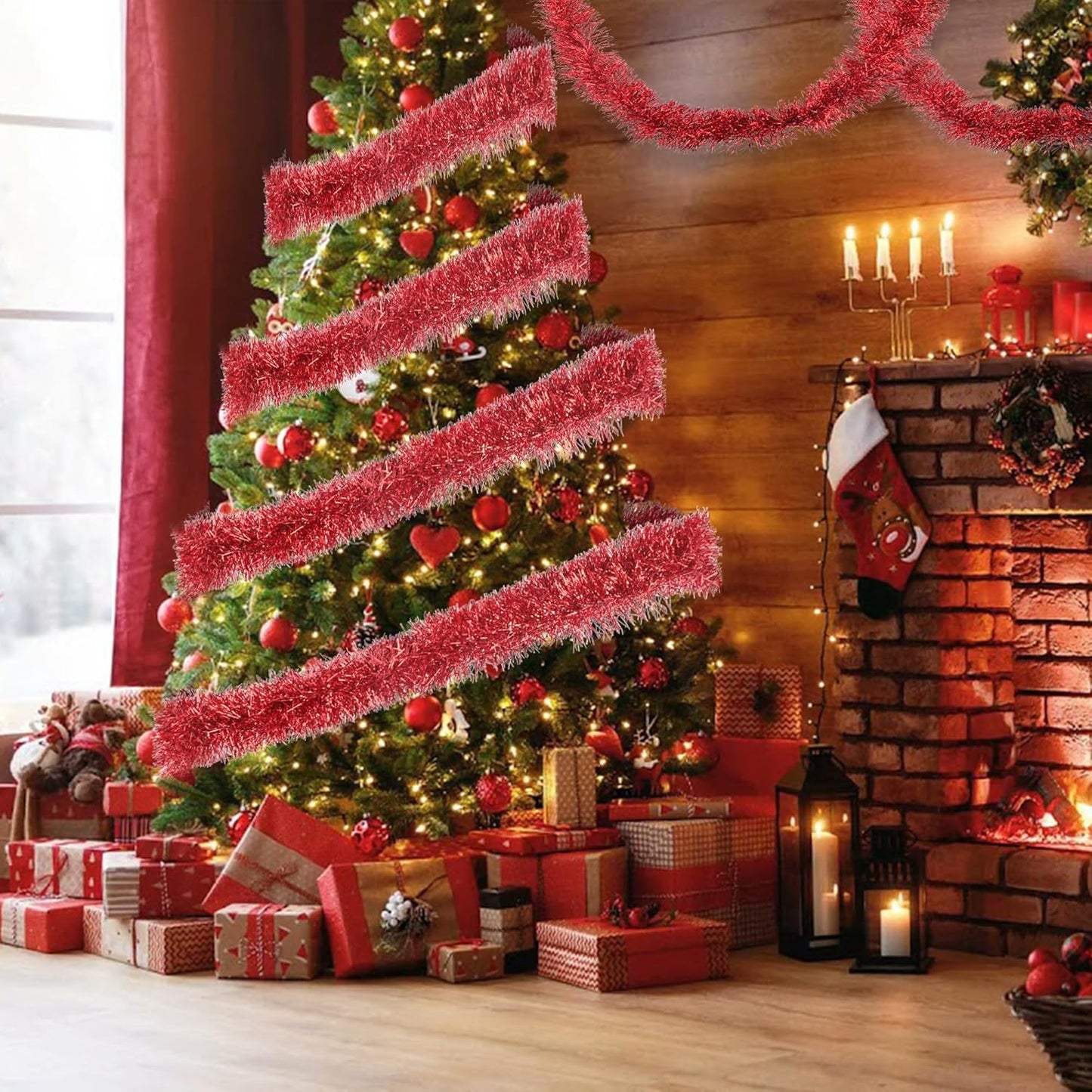 32.8 Ft Red Christmas Tinsel Garland Metallic Shiny Tassle Banner Wall Hanging Tinsel Streamers Backdrop for Christmas Holiday Birthday Party Supplies Indoor Outdoor Ornaments Home Decor