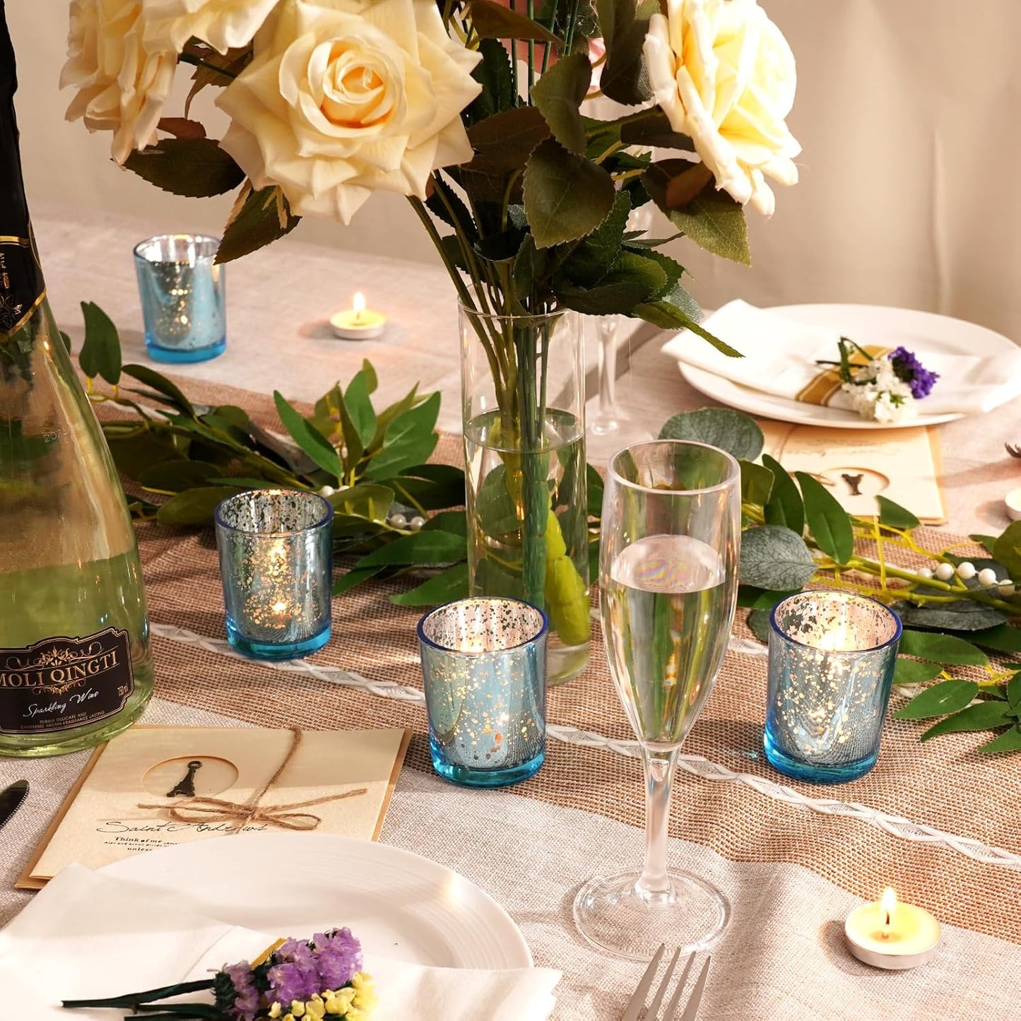 Homemory 36 Pcs Blue Votive Candle Holders, Mercury Glass Candle Holder, Tealight Candle Holders for Table Centerpieces, Baby Shower, Party, Anniversary, Wedding, Home Decor, Halloween, Christmas