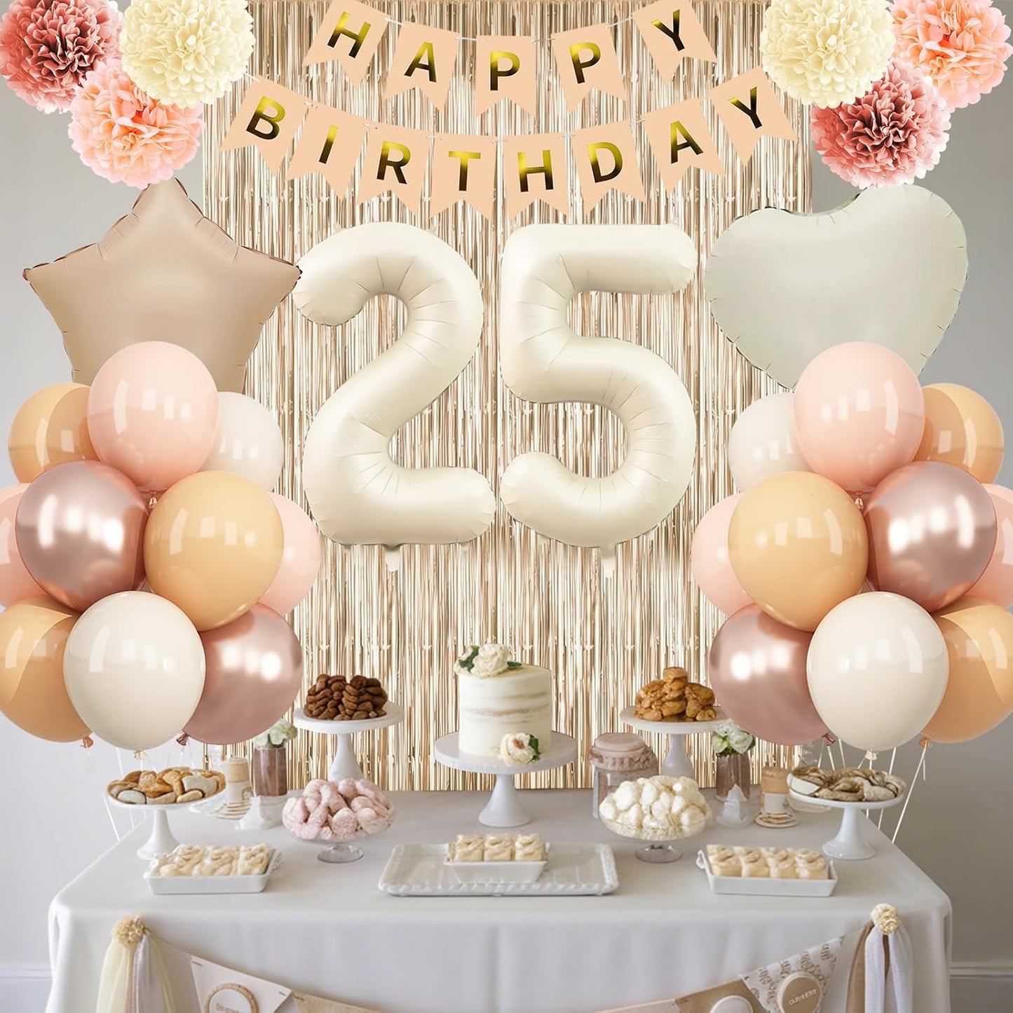 Beige 25th Birthday Decorations for Her Cream Number 25 Balloon Nude Gold Happy Birthday Banner Fringe Curtain Paper Pom Poms Blush White Sand Champagne Star Foil Balloons Neutral Boho Party Decor