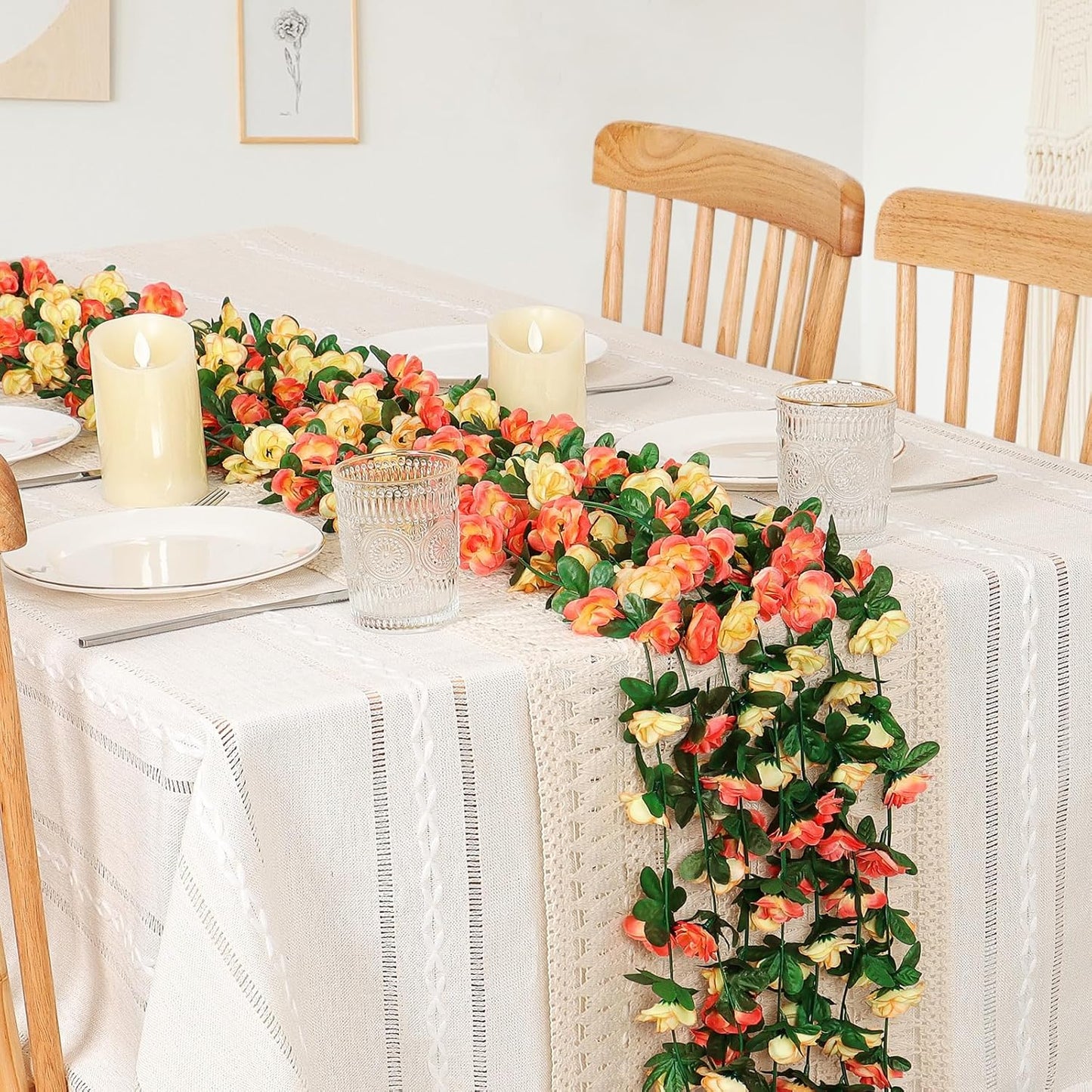 KHOYIME 9 Pack 72 FT Artificial Flower Garland, Fake Champagne Roses Vines Silk Flowers Faux Outdoor Hanging Floral Ivy Garland Decoration for Wedding Arch Bedroom Home Wall Backdrop Room Decor