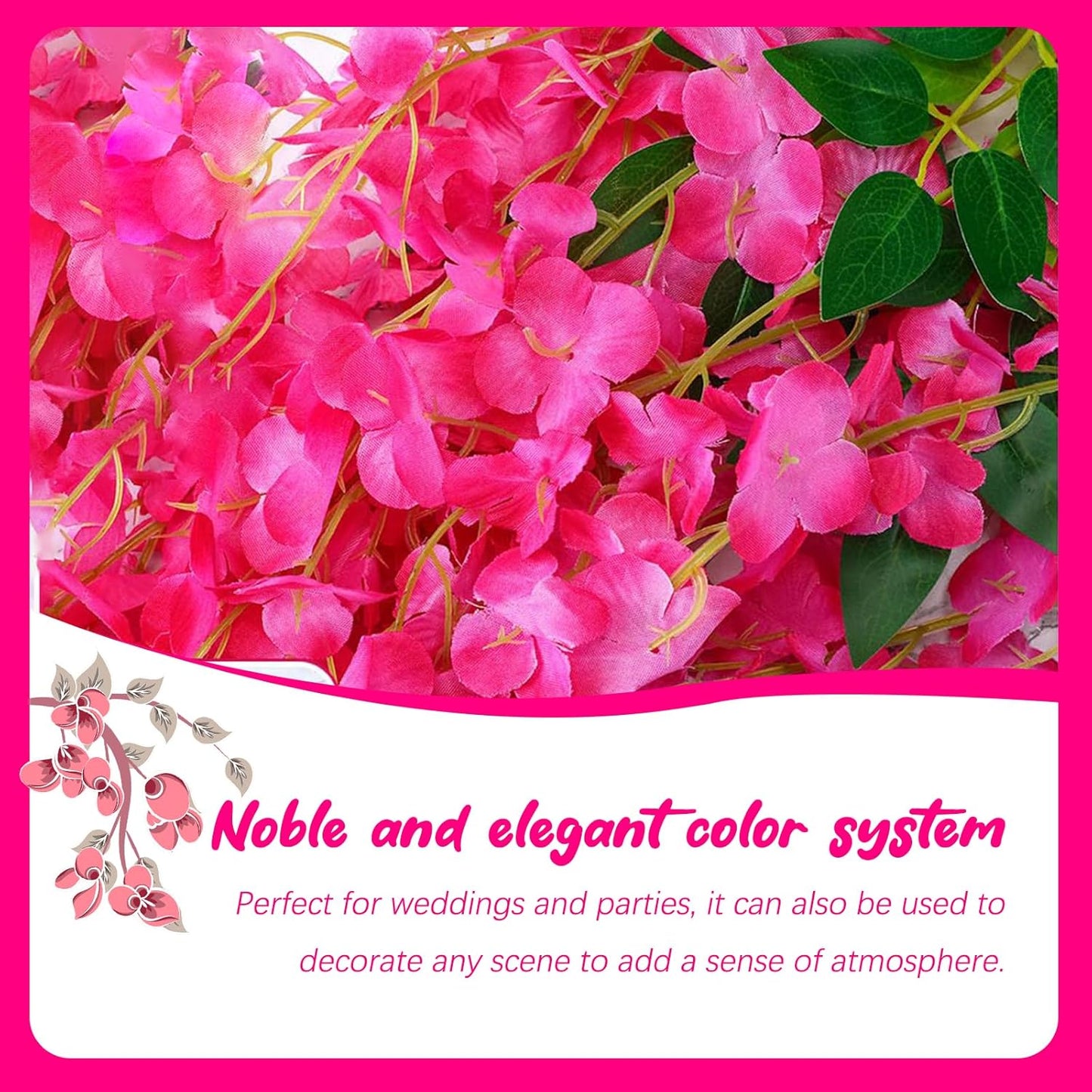 24 Pack Fuchsia Wisteria Hanging Flowers Garland, 3.77 Feet Artificial Flower Vines, Fake Wisteria, Artificial Vines Hanging Garland for Backdrop Outdoor Yard Garden Decor