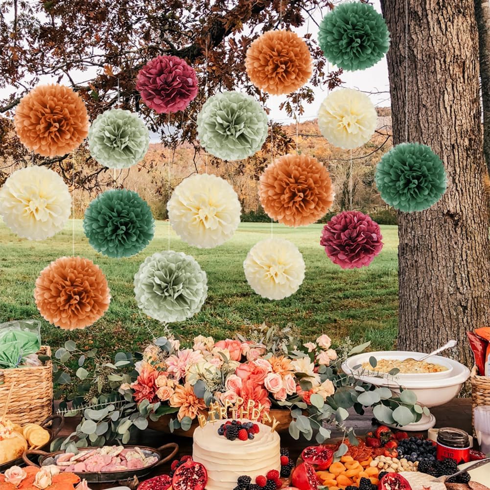 Fall Party Decorations 16pcs Orange Green Tissue Pom Pom Decorations Burgundy Sage Green Fall Decorations for Autumn Bridal Shower Baby Shower Wedding Birthday Engagement Party Decorations
