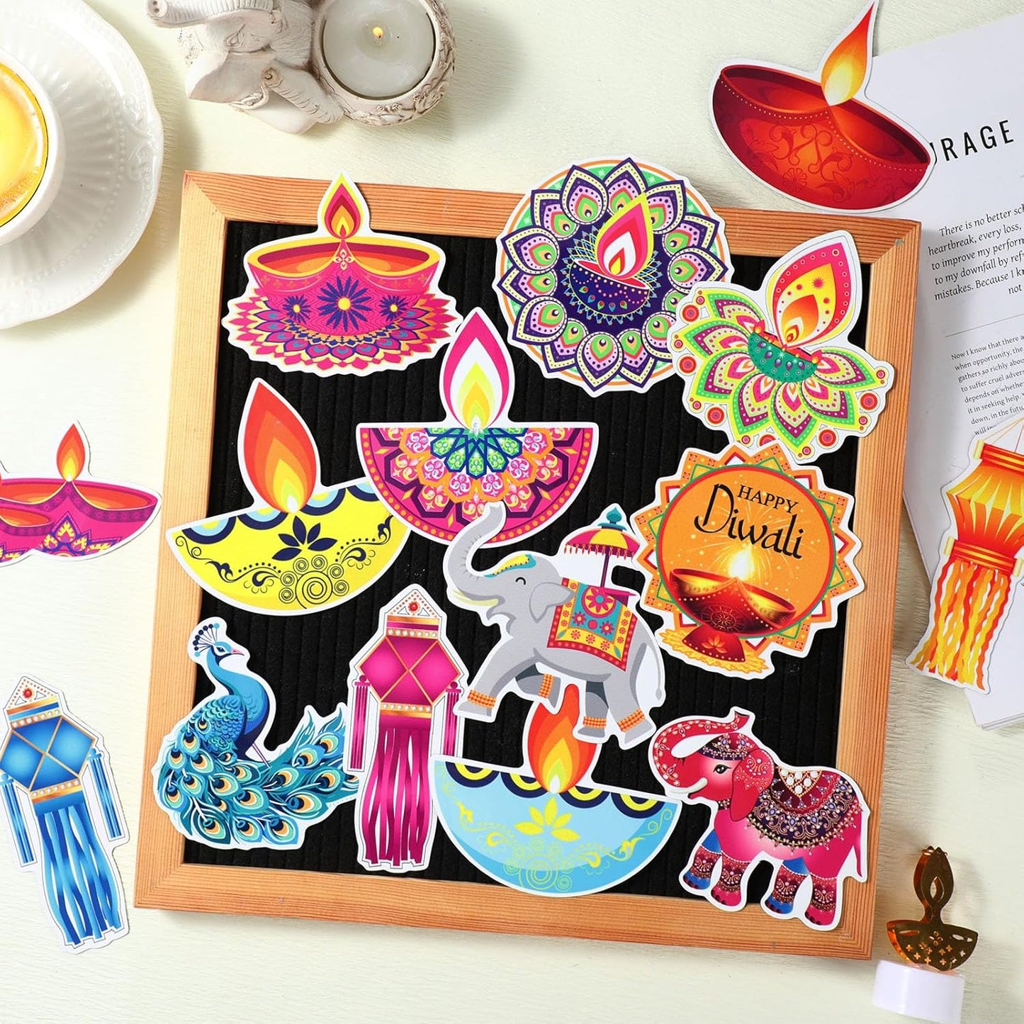Xuhal 25 Pcs Happy Diwali Magnets Decoration Colorful Elephants Lanterns Oil Lamps Peacock Decorative Fridge Magnetic Stickers for Mailbox Car Metal Garage Door Decoration