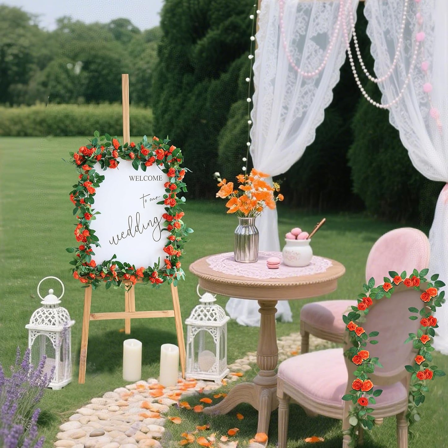 4 Packs Artificial Rose Garland: 31.48Ft Each Fake Flower Vine with Improved Color & 10 Ties for Wedding Arch Backdrop, Home Wall Party Decor, Christmas Decor, Orange