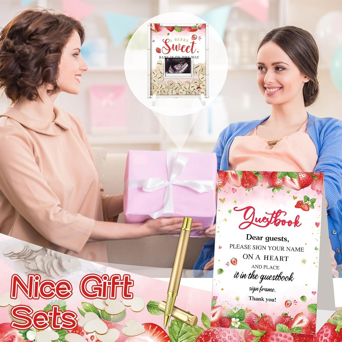 65 Pcs Strawberry Baby Shower Guest Book Berry Theme Baby Shower Decorations Alternatives He or She Gender Reveal Decorations Sign in Guest Book with Picture Frame and 60 Wooden Chip