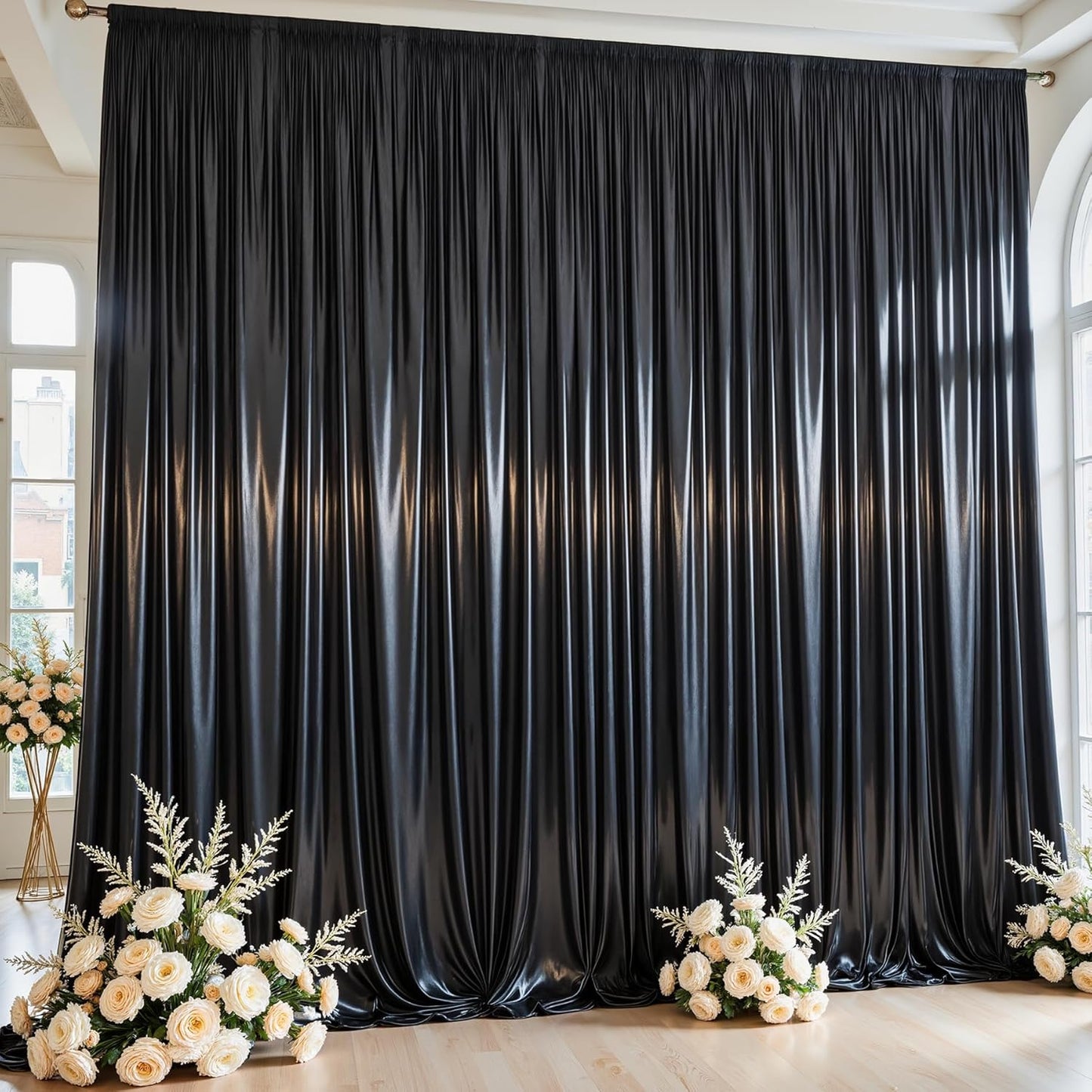 10x10 ft Black Glitter Backdrop Curtain for Parties, Wrinkle Free Satin Photo Backdrop Drapes 2 Panels 5x10FT Shimmer Back Drop Cloth for Wedding Birthday Halloween Photography Background Decor