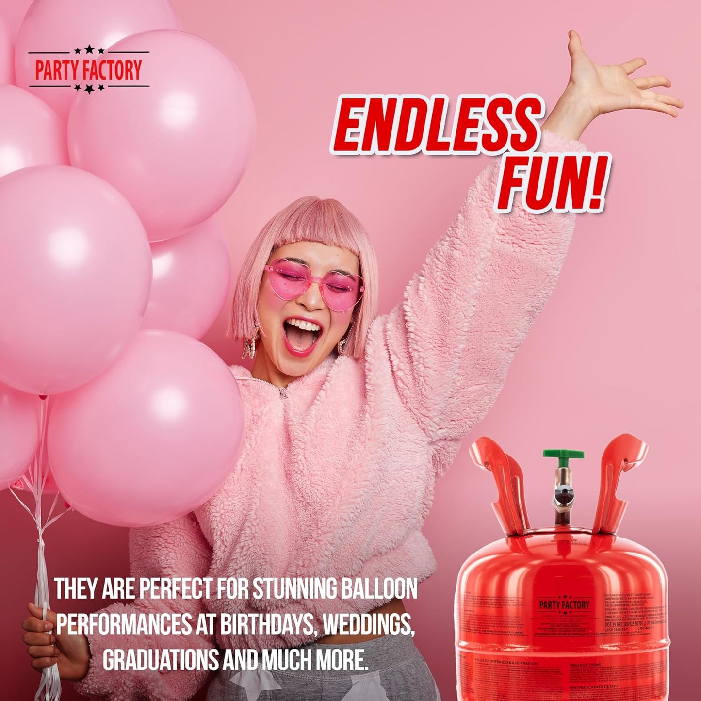 Party Factory set of 3 helium tanks for 20 balloons each, 3 helium cylinders with 5 cu. ft. gas each for party latex-, foil balloons