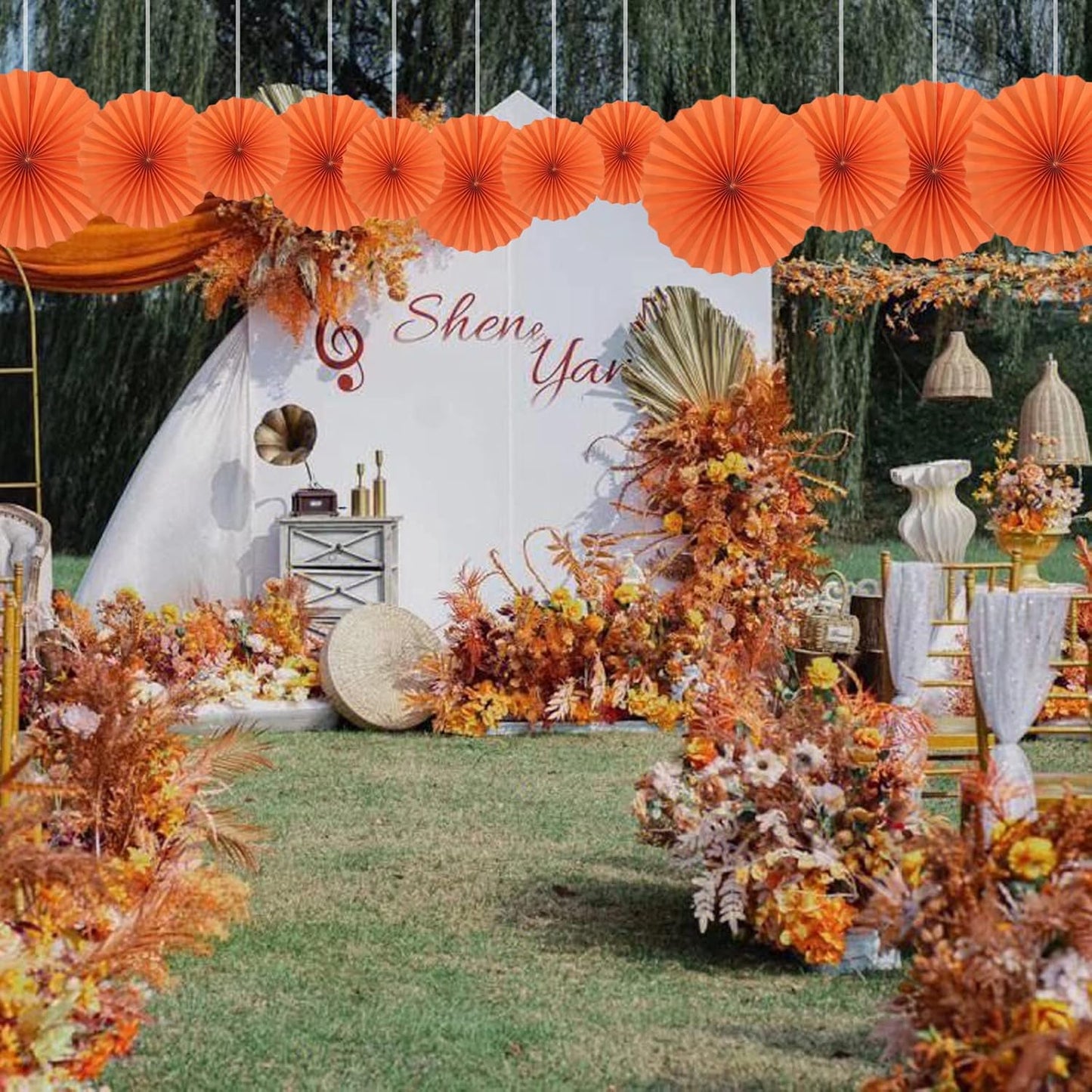 Orange Hallowmas Party Hanging Fans DIY Set - 12pcs Paper Fans with Pinwheels - DIY Paper Craft for Wedding, Birthday, Christmas Party Decoration