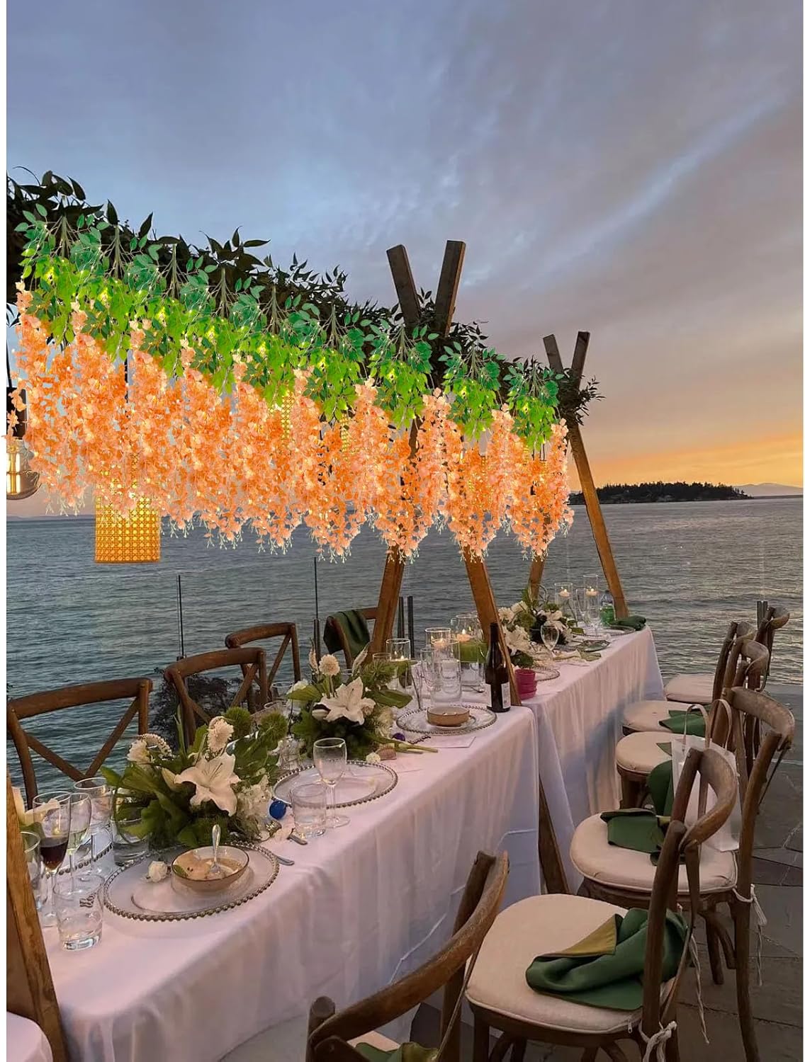 12 Pack Orange Wisteria Hanging Flowers Garland with Lights, 3.44 Feet Artificial Flower Vines, Fake Wisteria, Artificial Vines Hanging Garland for Backdrop Outdoor Patio Garden Decor