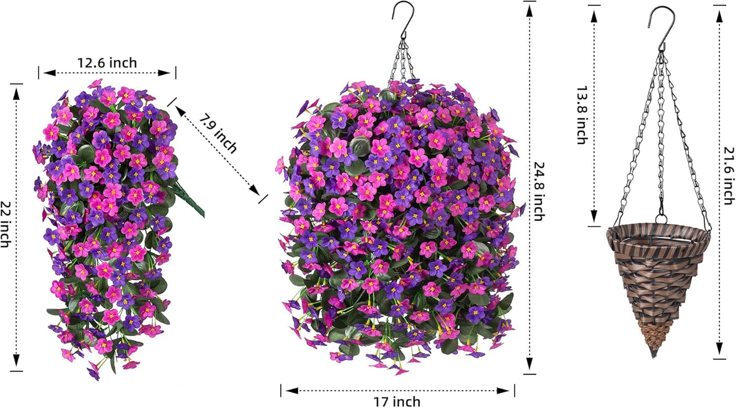 Artificial Fake Hanging Flowers with Basket for Outdoor Decoration,UV Resistant Faux Silk Dark Purple and Fuchsia Orchid Flowers Vines in Planter Realistic Hanging Baskets for Home Porch Garden