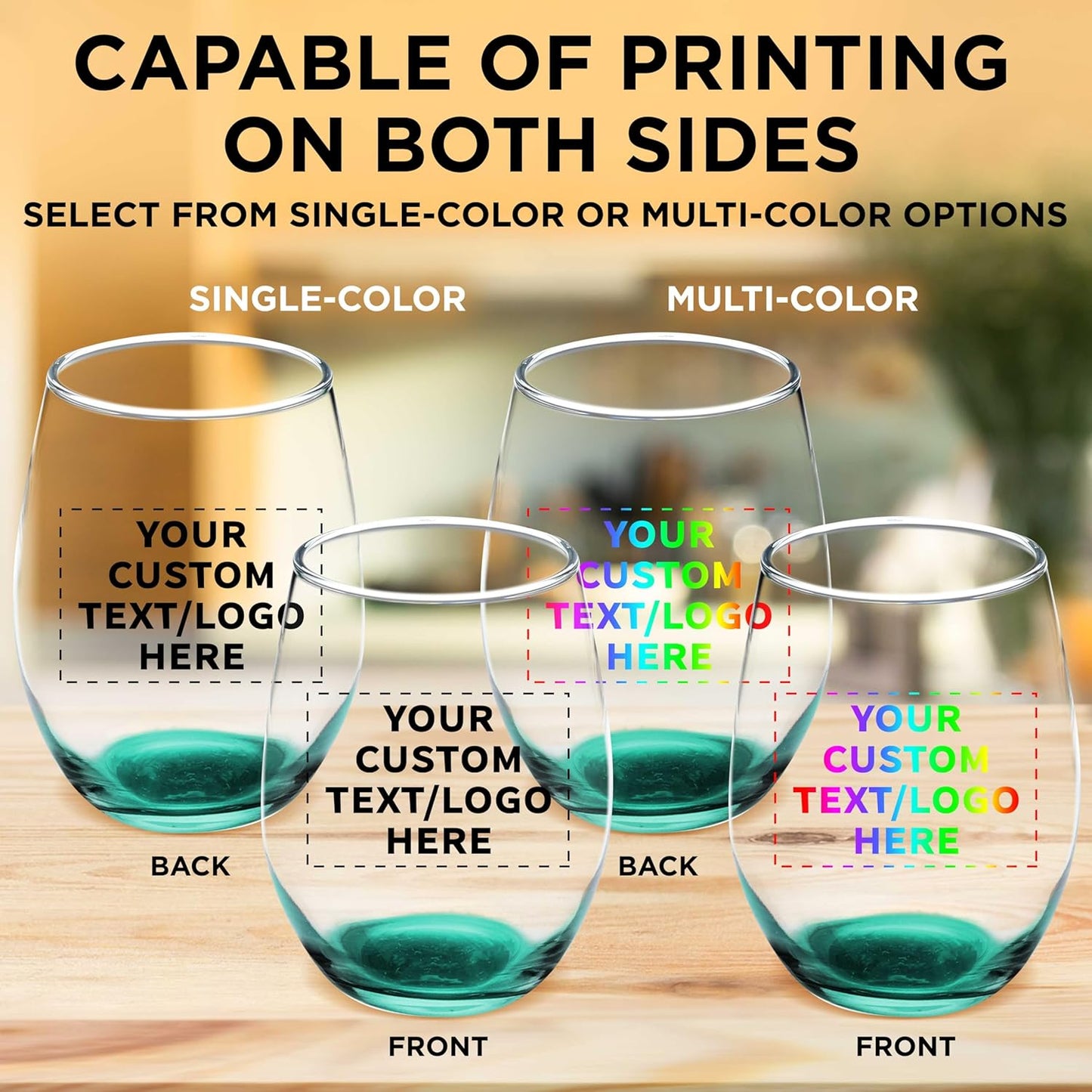 Custom Stemless Wine Glass 9 oz. Set of 10, Personalized Bulk Pack - Great for Wedding Favors, Bachelorette Party Decorations, Party Favors, Color Bottom - Green