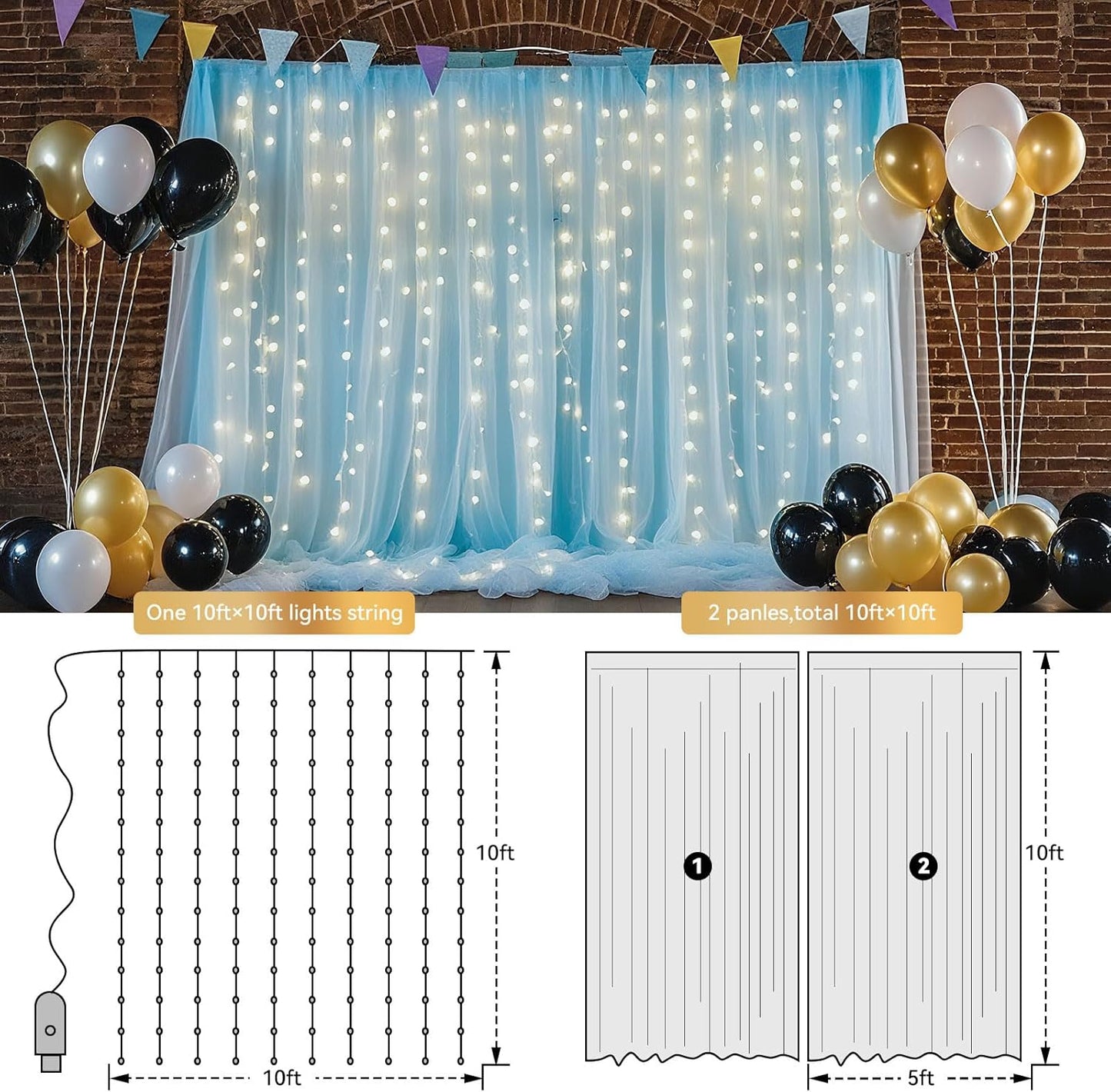 10×8ft Tulle Backdrop Curtains with Lights String - 300LED Fairy Lights Sheer Curtain Backdrop for Weddings Baby Shower and Birthday Party Decorations(4 Panels 5×8ft)