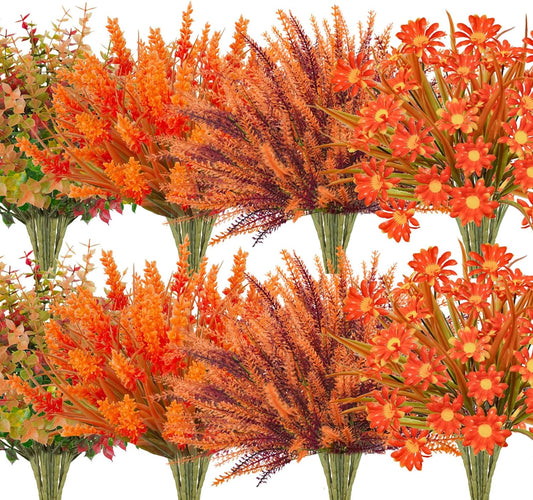 64 Pcs Outdoor Fall Flowers UV Resistant Faux Fall Plants with Fall Daisy Eucalyptus Lavender Artificial Autumn Flowers Greenery for Outside Home Porch Patio Thanksgiving Decoration