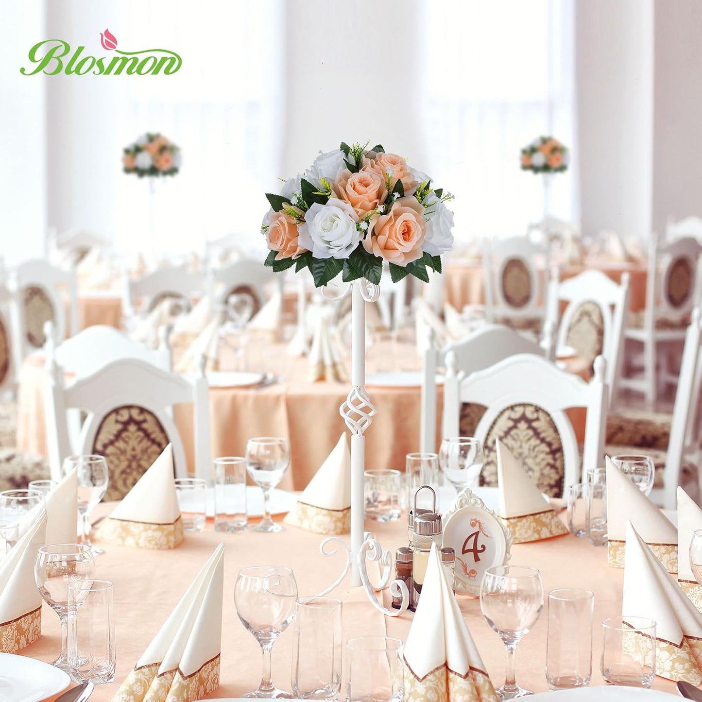 BLOSMON Rose Flower Balls Centerpieces: 6pcs 9.5 Inch Peach Fuzz Fake Flowers Kissing Balls Decor Artificial Wedding Floral Arrangements Silk Bouquet with Base Home Party Room Table DIY Decorations