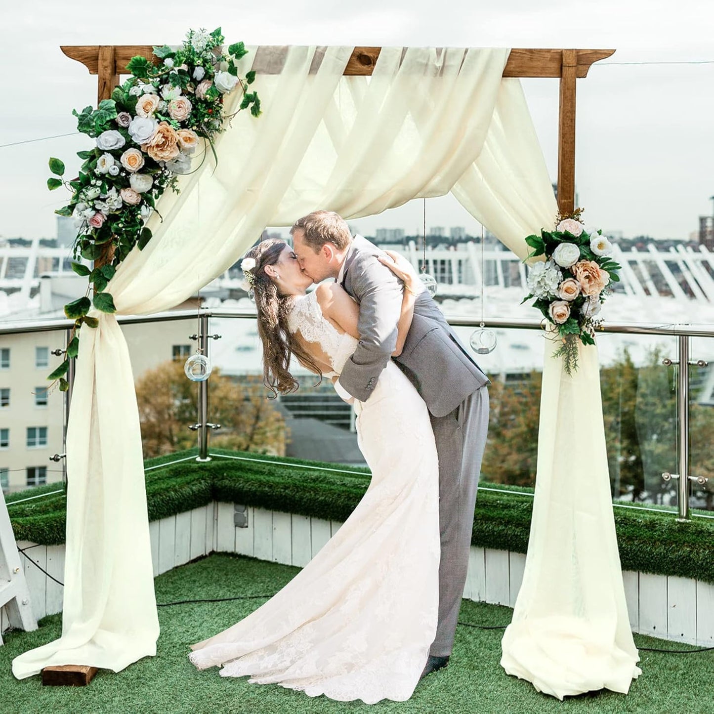 PARTISKY 10ftx7ft Ivory Chiffon Backdrop Curtains, Wrinkle-Free Sheer Fabric Photo Drapes for Wedding Ceremony Arch Birthday Baby Shower Photography Stage Decor 5ft x 7ft, 2 Panel