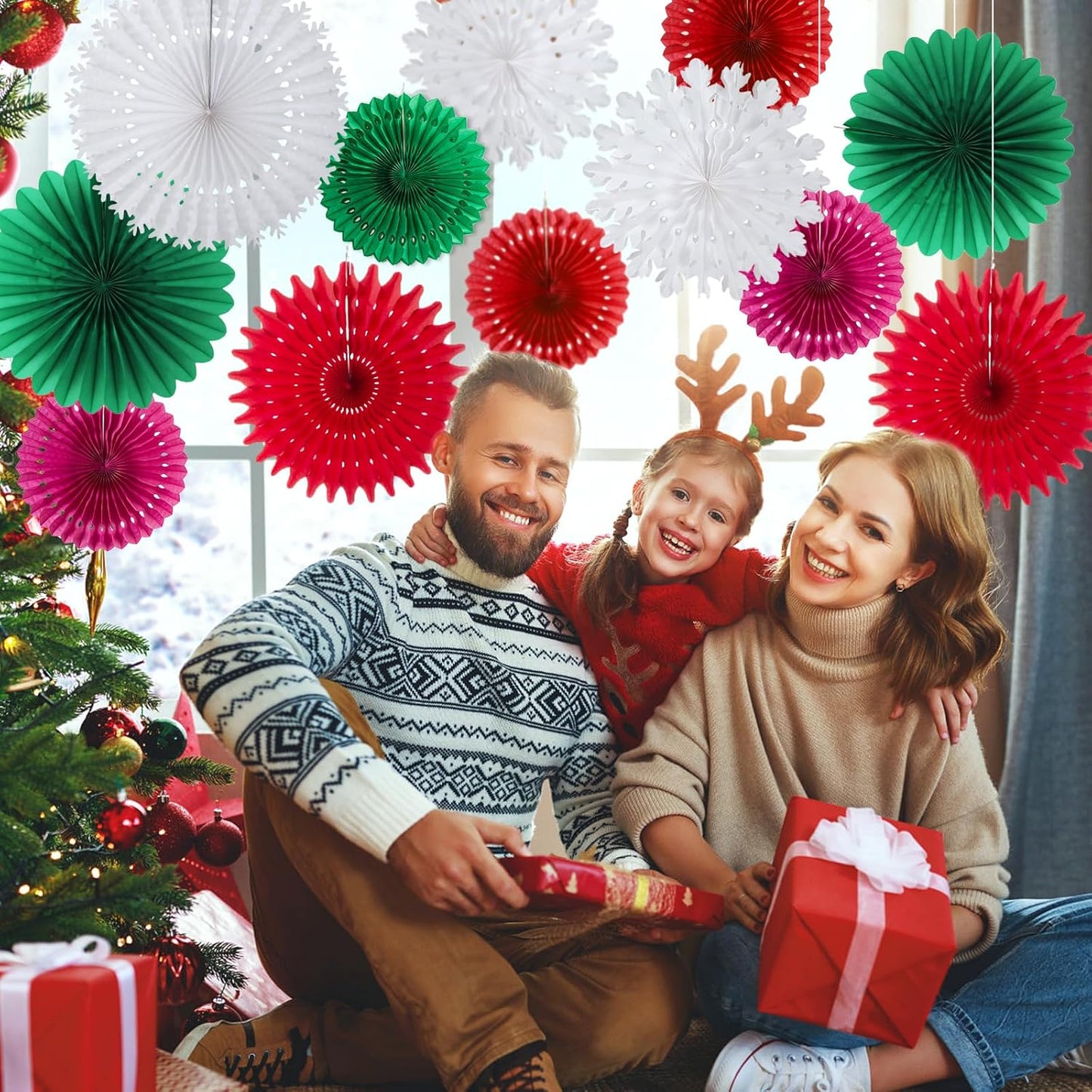 SUNBEAUTY Pack of 12 Christmas Party Decorations Christmas Classroom Decorations Hanging Paper Fans for Xmas Holiday Ceilings Wall Decor Winter New Year Party Supplies