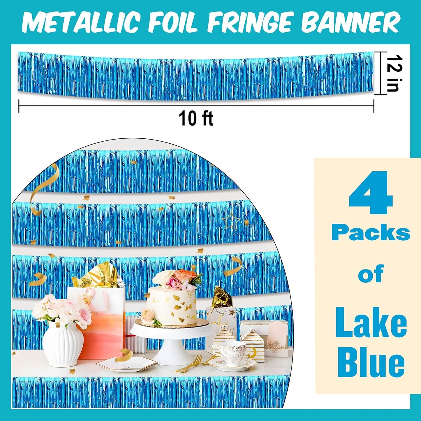 4 Pack 10 Ft Lake Blue Foil Fringe Garland Metallic Streamers Tinsel Banner Wall Hanging Garland Backdrop for Parade Floats, Halloween, Christmas, Thanksgiving, New Year Party Decorations