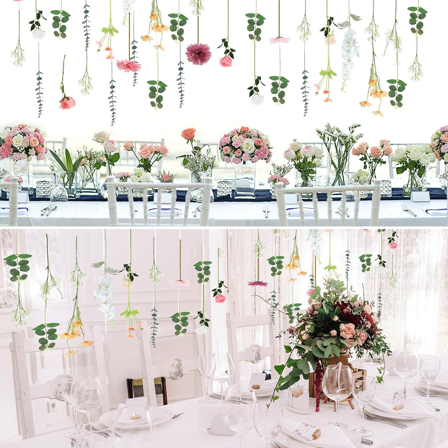 Hoteam 26 Pcs DIY Flower Garland Artificial Hanging Wildflower Backdrop Set Fake Rose Eucalyptus Daisy Poppy Wild Flower Decor for Wedding Party Birthday Home Garden (White,Champagne,Pink)