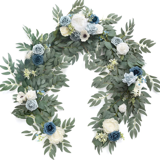 Ling's Moment Flower Garland - 6FT Eucalyptus & Rose - Sweetheart Table Decor for Wedding Reception, Artificial Arch Floral Garland for Mantle, Christmas, Beach Decoration, Dusty Blue & White