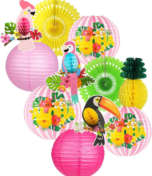 Luau Party Decorations, Aloha Paper Lanterns Tropical Parrot Birds Tissue Paper Fans Pineapple Honeycomb Decorations for Beach Pool Flamingo Moana Birthday Party Supplies