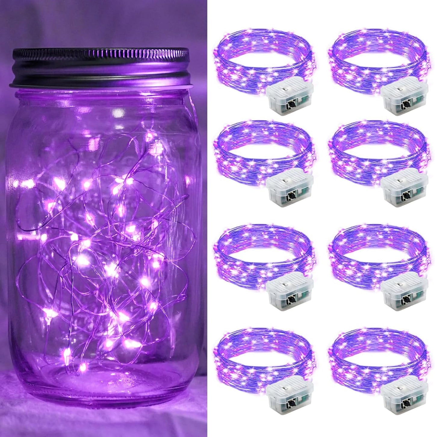 8 Pack Purple Fairy Lights 7Ft 20 LED Twinkle String Lights 3 Modes Battery Operated Waterproof Firefly Starry for Mason Jar Party Wedding Christmas Valentines Day Table Centerpieces
