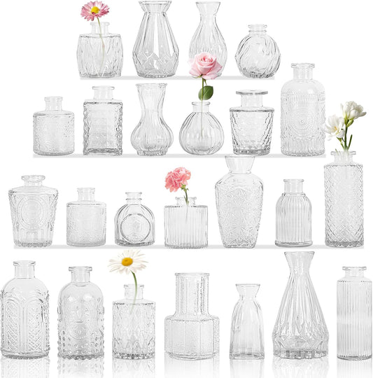 Set of 24 Glass Bud Vase Set, Small Vintage Clear Flower Vase Centerpieces for Table Bulk Cute Rustic Style Mini Vase for Home Decor Wedding Baby Shower Birthday Party