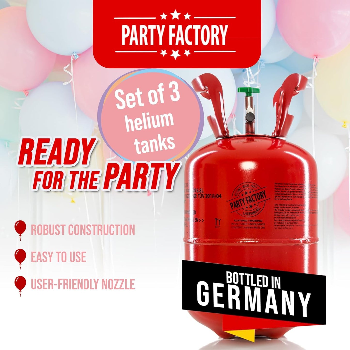 Party Factory set of 3 helium tanks for up to 50 balloons each, 3 helium cylinders with 14.1 cu. ft. gas each for party latex-, foil balloons