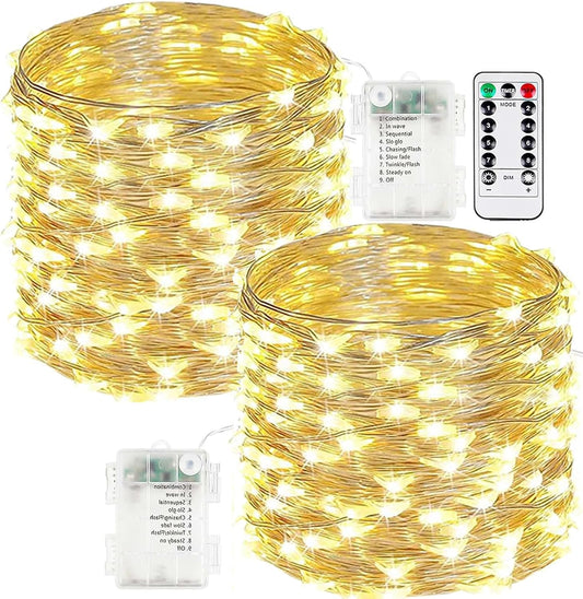 2-Pack Fairy Lights Battery Operated with Remote, Waterproof 66FT 200 LED Battery String Lights Outdoor Indoor, 8 Modes Twinkle Lights with Timer for Bedroom Wedding DIY Christmas Decor (Warm White)