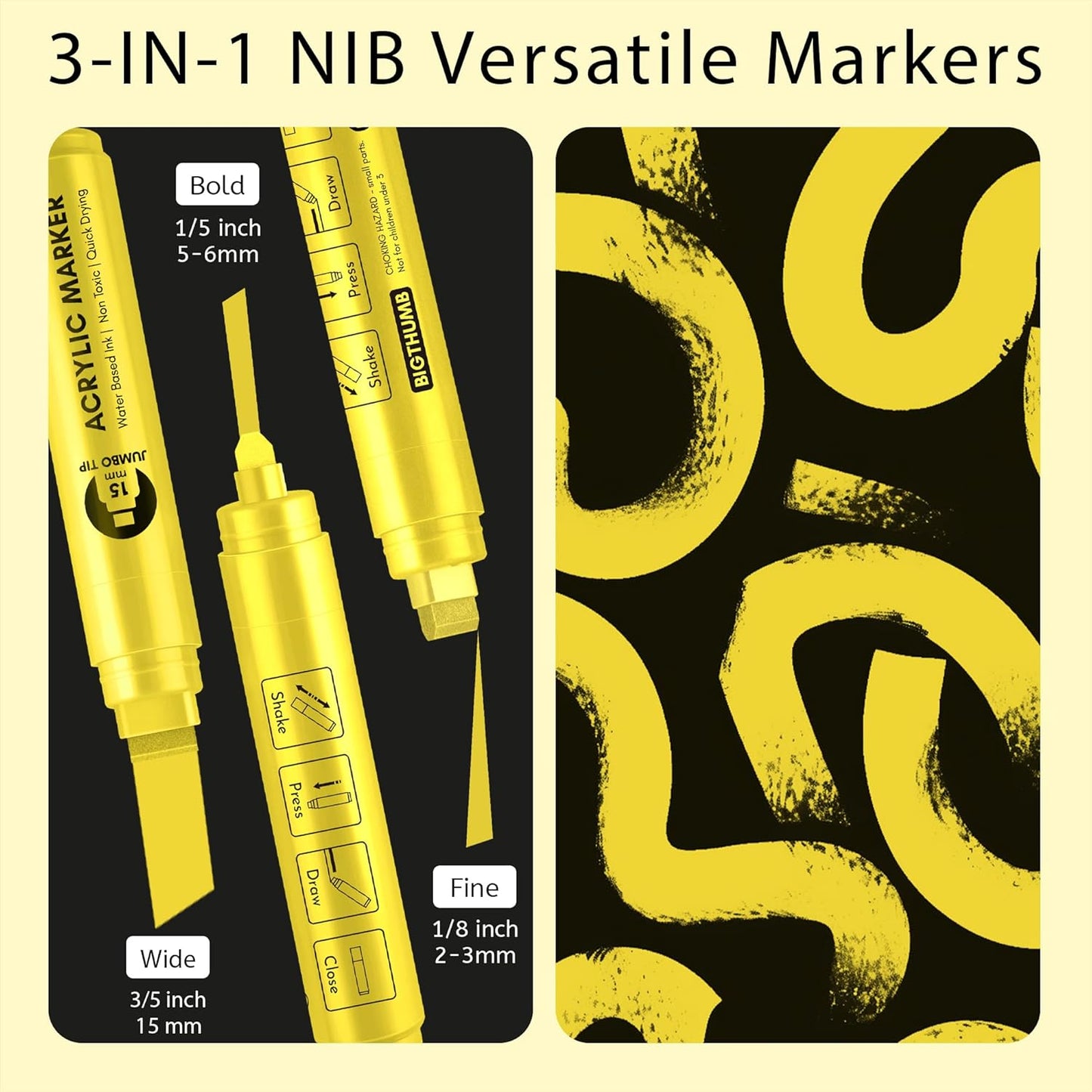 3 Pcs Yellow Jumbo Permanent Markers: 15mm Wide Tip Thick Acrylic Paint Pen Large Calligraphy Marker for Rock Painting, Poster, Sign, Canvas, Glass, Wood, Ceramic