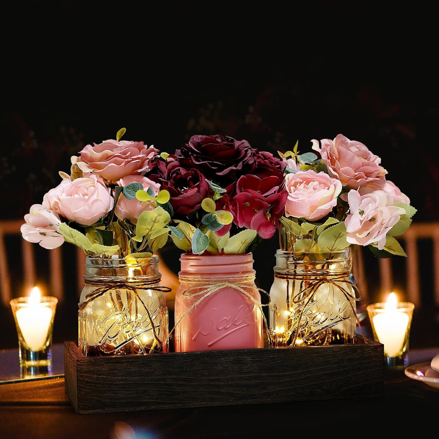 Mason Jar Lights Centerpiece for Table, Mason Jar Centerpiece Decor for Dining Room Farmhouse Coffee Table Decor with Wood Tray Fairy Lights Peony Flowers for Kitchen Living - Burgundy Pink
