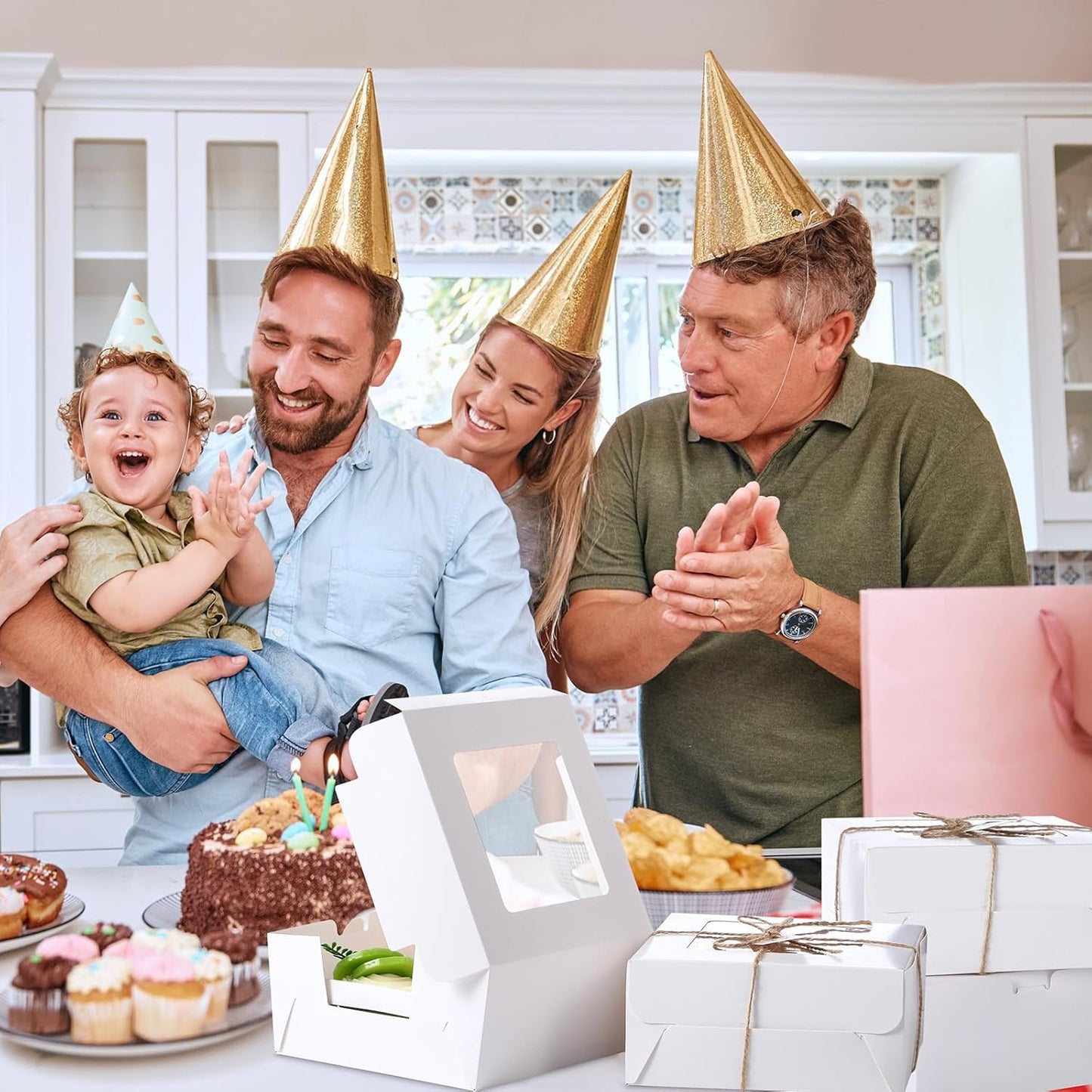 36 Pack Cupcake Boxes Hold 4 Count Disposable Cupcake Containers with Window and Cake Carrier with Thanks Card and Jute Rope to Muffins Cupcakes Cookies Gift Wrapping (White)